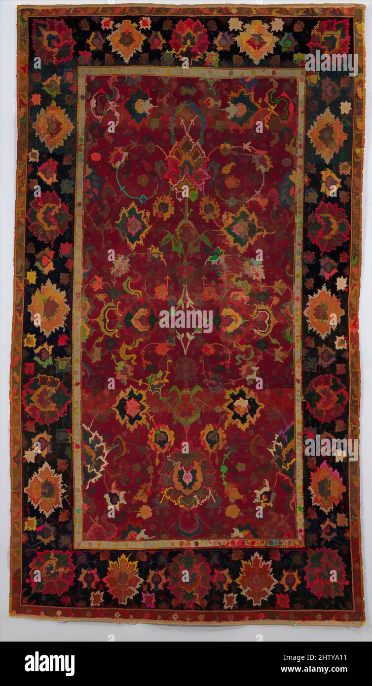 Arte ispirata dal tappeto di Floral e Cloudband, 17th secolo, attribuita all'Iran, cotone (ordito e trama), lana (pile); pelo asimmetricamente annodato, L. 97,5 x W. 56,25 in. (247,65 x 142,87 cm), tappeti tessili, questo tipo di tappeto è caratterizzato da una struttura di trama a quattro strati e a, opere classiche modernizzate da Artotop con un tuffo di modernità. Forme, colore e valore, impatto visivo accattivante sulle emozioni artistiche attraverso la libertà delle opere d'arte in modo contemporaneo. Un messaggio senza tempo che persegue una nuova direzione selvaggiamente creativa. Artisti che si rivolgono al supporto digitale e creano l'NFT Artotop Foto Stock