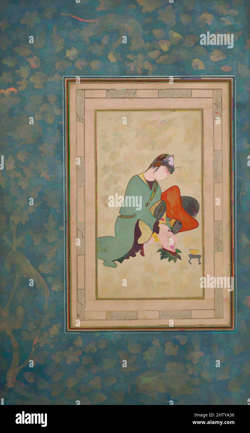 Arte ispirata da Donna applicazione Henna, fine 16th secolo, attribuita all'Iran, inchiostro, acquerello opaco, e oro su carta, 14 7/16 x 9in. (36,7 x 22,9cm), Codices, questo dipinto è una rara raffigurazione di una giovane donna che applica l'henné ai suoi piedi, un rituale associato al rito del passaggio, opere classiche modernizzate da Artotop con un tuffo di modernità. Forme, colore e valore, impatto visivo accattivante sulle emozioni artistiche attraverso la libertà delle opere d'arte in modo contemporaneo. Un messaggio senza tempo che persegue una nuova direzione selvaggiamente creativa. Artisti che si rivolgono al supporto digitale e creano l'NFT Artotop Foto Stock