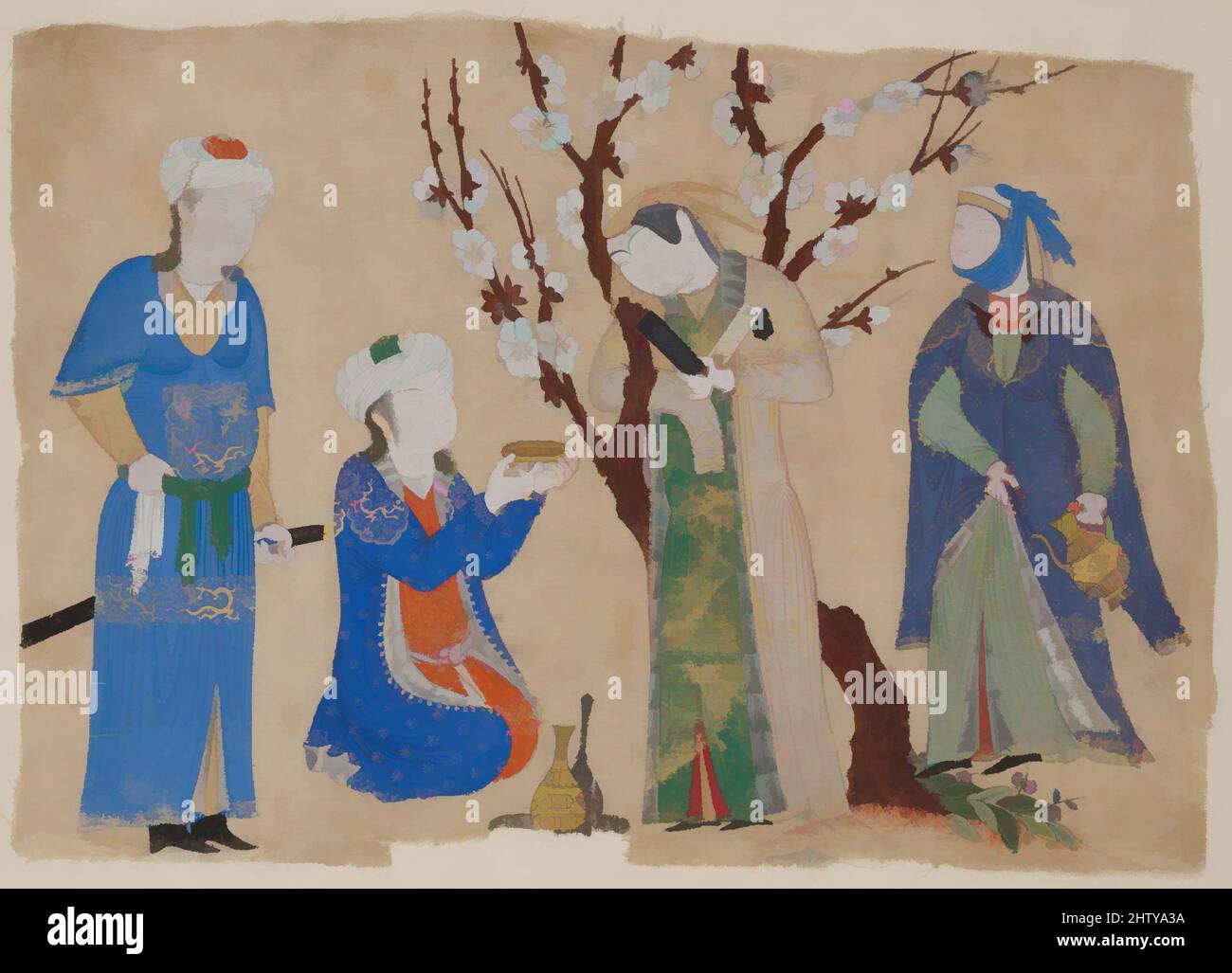 Arte ispirata al vino bevendo in un giardino di primavera, ca. 1430, attribuito all'Iran, eventualmente Tabriz, acquerello opaco e oro su seta non tessuta, 8,5 pollici di larghezza 30,20 pollici (21,6 cm di altezza 11,87 cm di larghezza), Codices, il giovane che offre una tazza di vino ad una fanciulla riflette un ideale persiano di corte, Opere classiche modernizzate da Artotop con un tocco di modernità. Forme, colore e valore, impatto visivo accattivante sulle emozioni artistiche attraverso la libertà delle opere d'arte in modo contemporaneo. Un messaggio senza tempo che persegue una nuova direzione selvaggiamente creativa. Artisti che si rivolgono al supporto digitale e creano l'NFT Artotop Foto Stock