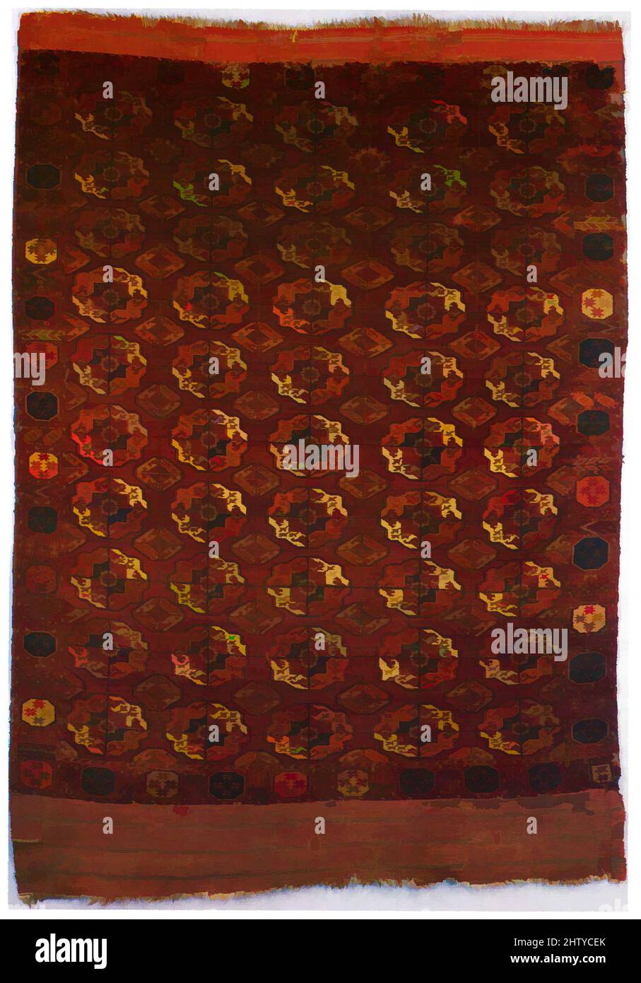 Arte ispirata a Tekke Main Carpet, probabilmente inizio-metà del 19th secolo, Paese di origine Turkmenistan, lana; asimmetricamente annodato pile, L. 101 poll. X W. 72 poll., tessuti-tappeti, opere classiche modernizzate da Artotop con un tuffo di modernità. Forme, colore e valore, impatto visivo accattivante sulle emozioni artistiche attraverso la libertà delle opere d'arte in modo contemporaneo. Un messaggio senza tempo che persegue una nuova direzione selvaggiamente creativa. Artisti che si rivolgono al supporto digitale e creano l'NFT Artotop Foto Stock