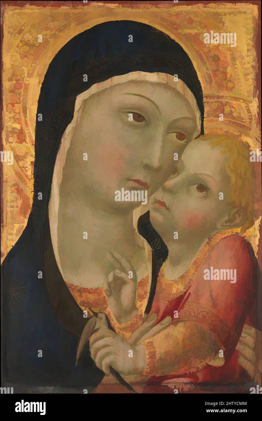 Arte ispirata a Madonna col Bambino, circa 1450, Tempera in legno, oro macinato, tuta, con telaio innestato, 16 3/8 x 12 1/8 poll. (41,6 x 30,8 cm); superficie verniciata 13 1/8 x 9 poll. (33,3 x 22,9 cm), dipinti, sano di Pietro (Ansano di Pietro di Mencio) (Siena 1405–1481 Siena), con, opere classiche modernizzate da Artotop con un tuffo di modernità. Forme, colore e valore, impatto visivo accattivante sulle emozioni artistiche attraverso la libertà delle opere d'arte in modo contemporaneo. Un messaggio senza tempo che persegue una nuova direzione selvaggiamente creativa. Artisti che si rivolgono al supporto digitale e creano l'NFT Artotop Foto Stock