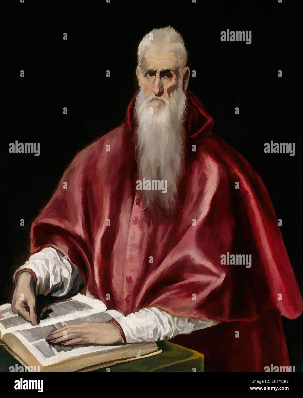 Arte ispirata da San Girolamo come Scholar, ca. 1610, olio su tela, 42 1/2 x 35 1/16 poll. (108 x 89 cm), dipinti, El Greco (Domenikos Theotokopoulos) (Greco, Iráklion (Candia) 1540/41–1614 Toledo), El Greco eseguì almeno cinque dipinti di San Girolamo. In questa versione, dall'ultimo, opere classiche modernizzate da Artotop con un tuffo di modernità. Forme, colore e valore, impatto visivo accattivante sulle emozioni artistiche attraverso la libertà delle opere d'arte in modo contemporaneo. Un messaggio senza tempo che persegue una nuova direzione selvaggiamente creativa. Artisti che si rivolgono al supporto digitale e creano l'NFT Artotop Foto Stock