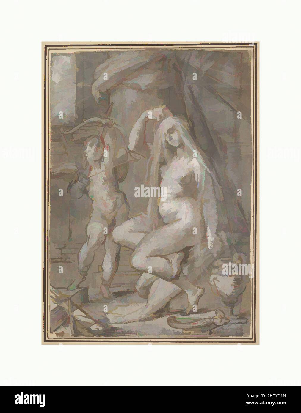 Arte ispirata da Venere e Amor, ca. 1585, inchiostro Pen e marrone, colore marrone chiaro e scuro e grigio, accentuato con bianco (parzialmente ossidato); tracciato per trasferimento, 7 5/8 x 5 5/16 pollici (19,4 x 13,5 cm), disegni, Bartolomeo Spranger (Netherlandish, Anversa 1546–1611 Praga, opere classiche modernizzate da Artotop con un tocco di modernità. Forme, colore e valore, impatto visivo accattivante sulle emozioni artistiche attraverso la libertà delle opere d'arte in modo contemporaneo. Un messaggio senza tempo che persegue una nuova direzione selvaggiamente creativa. Artisti che si rivolgono al supporto digitale e creano l'NFT Artotop Foto Stock