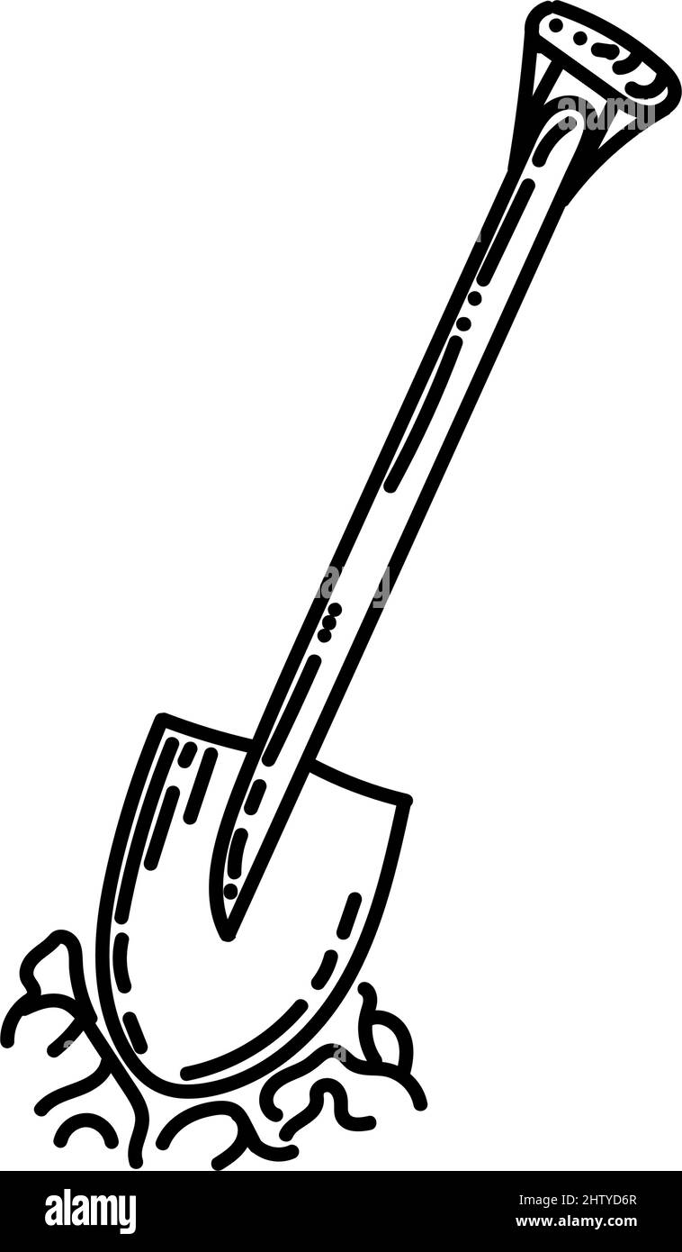 Pala da giardino, elemento in stile doodle disegnato a mano. Uno strumento per lavorare in giardino. Coltivazione di suolo per piantare. Vettore semplice in stile lineare per l Illustrazione Vettoriale