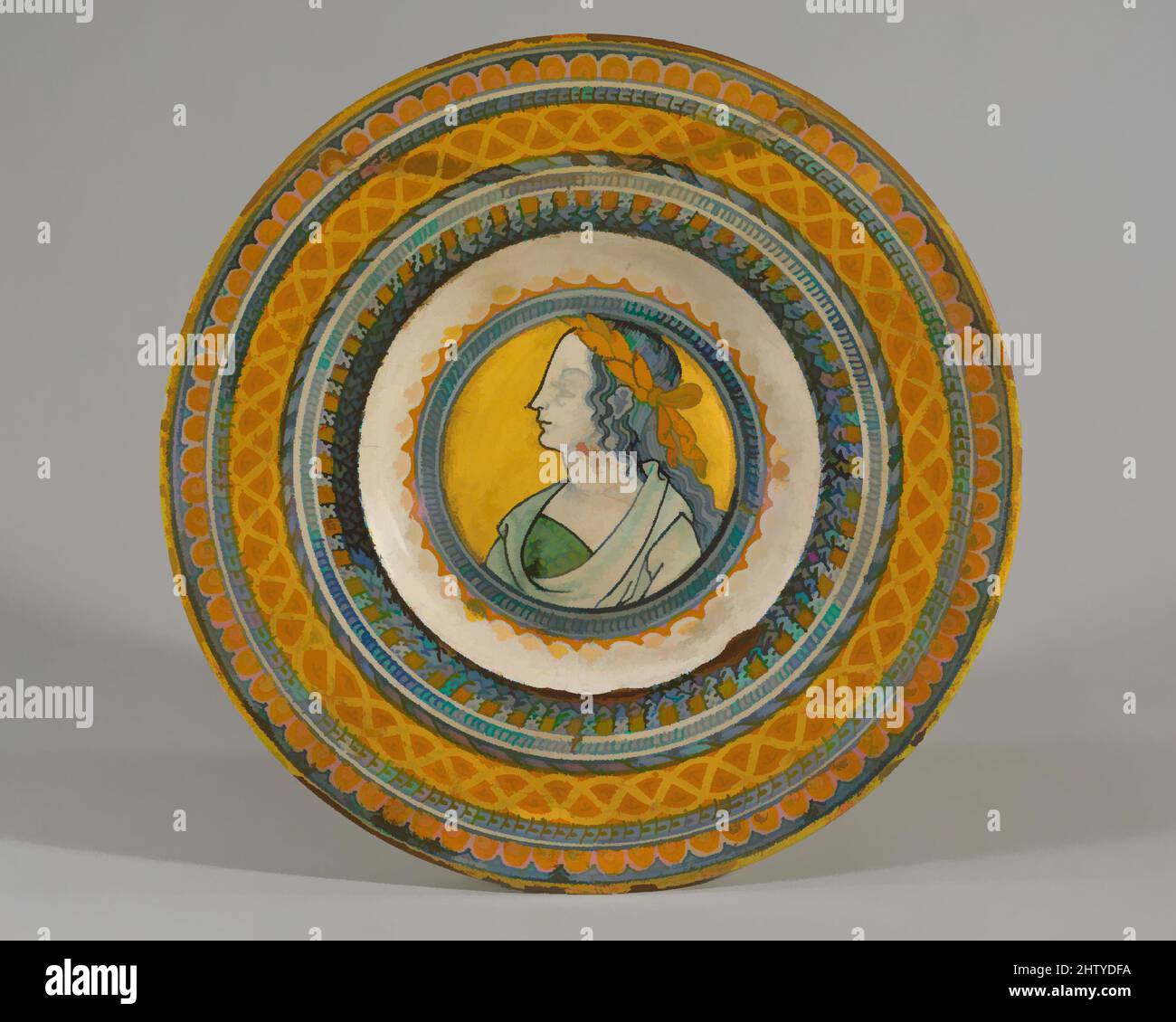 Arte ispirata al piatto (tagliere), ca. 1500–1510, italiano, Deruta, maiolica (terracotta stagnata), Diam. 8 15/16 poll. (22,7 cm), Ceramica-ceramica, opere classiche modernizzate da Artotop con un tuffo di modernità. Forme, colore e valore, impatto visivo accattivante sulle emozioni artistiche attraverso la libertà delle opere d'arte in modo contemporaneo. Un messaggio senza tempo che persegue una nuova direzione selvaggiamente creativa. Artisti che si rivolgono al supporto digitale e creano l'NFT Artotop Foto Stock