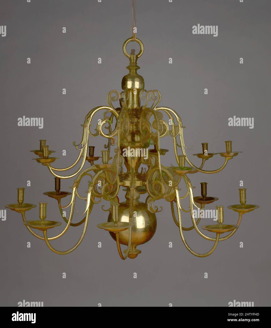 Arte ispirata da lampadario, seconda metà del 17th secolo, Olanda, Ottone,  H. 109,5 cm, metallo, Questo lampadario ha due serie di otto rami a forma  di S che sporgono dalle teste dei