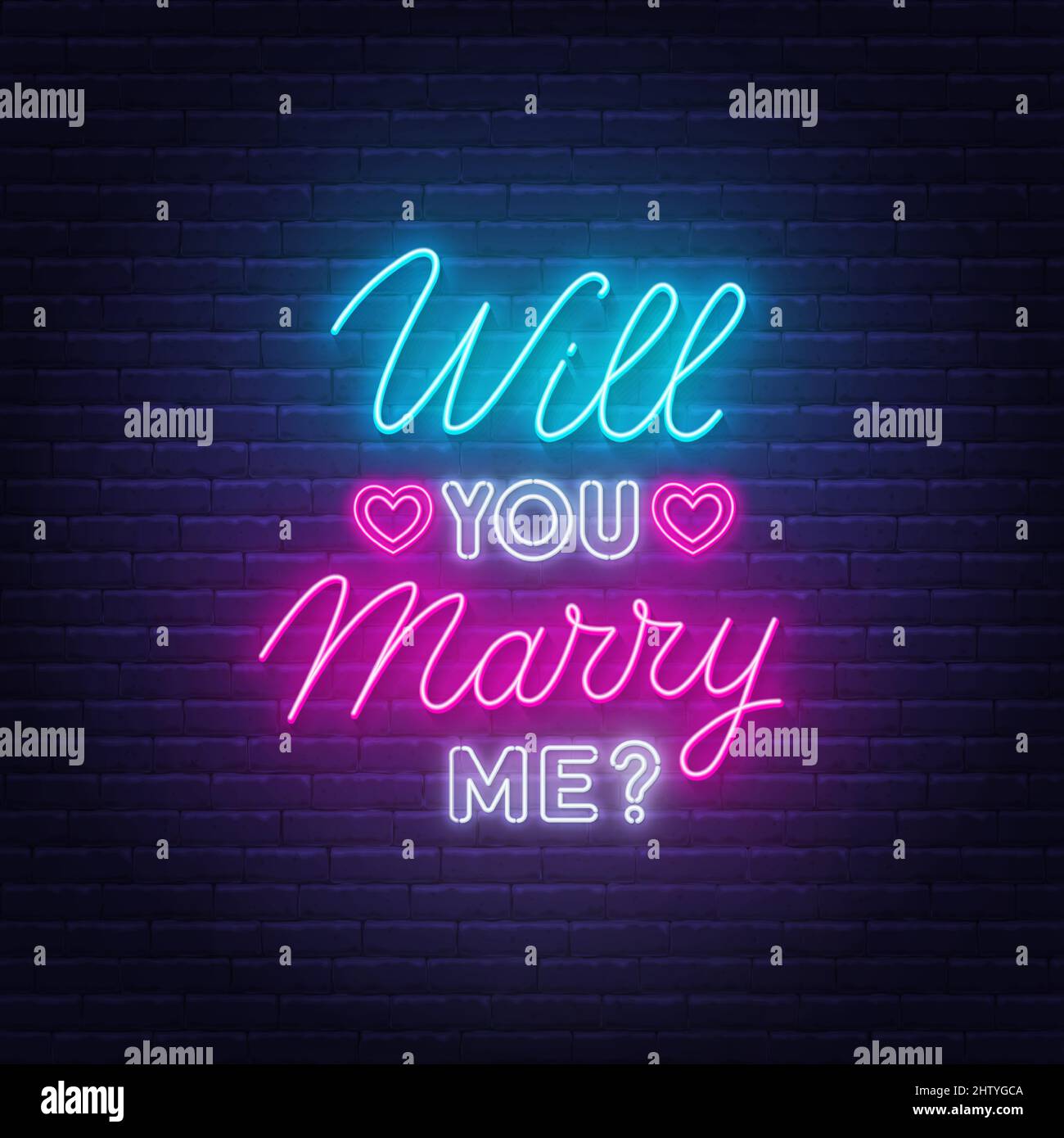 Will You sposare me neon scritta su sfondo muro mattoni. Illustrazione Vettoriale