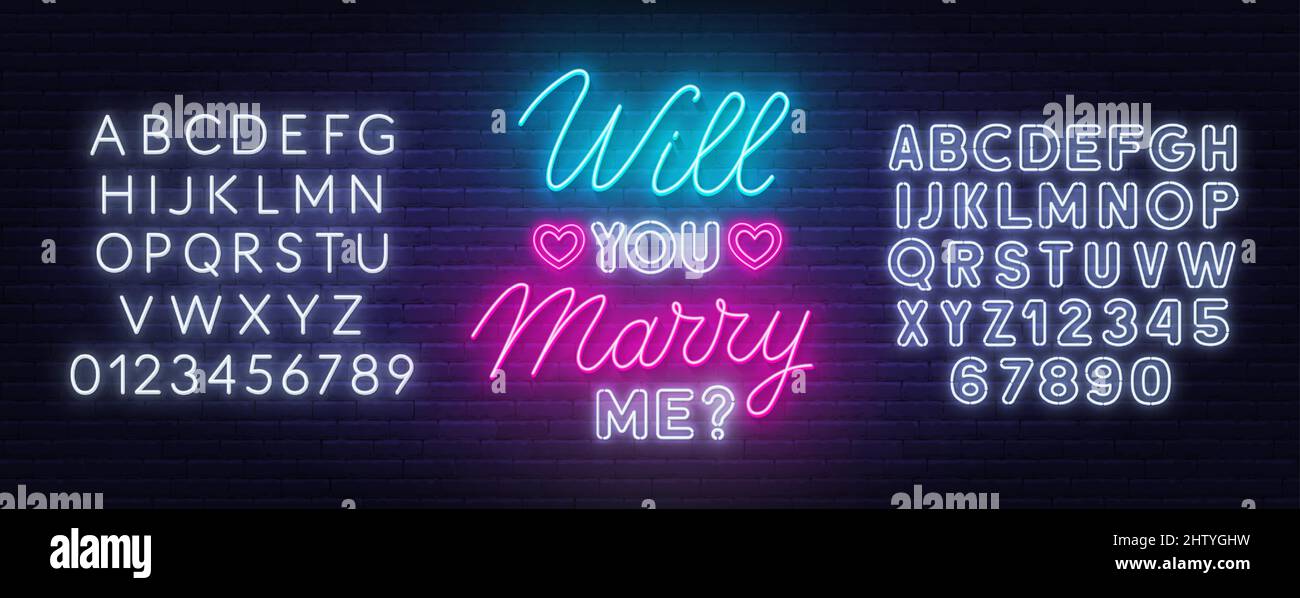 Will You sposare me neon scritta su sfondo muro mattoni. Illustrazione Vettoriale