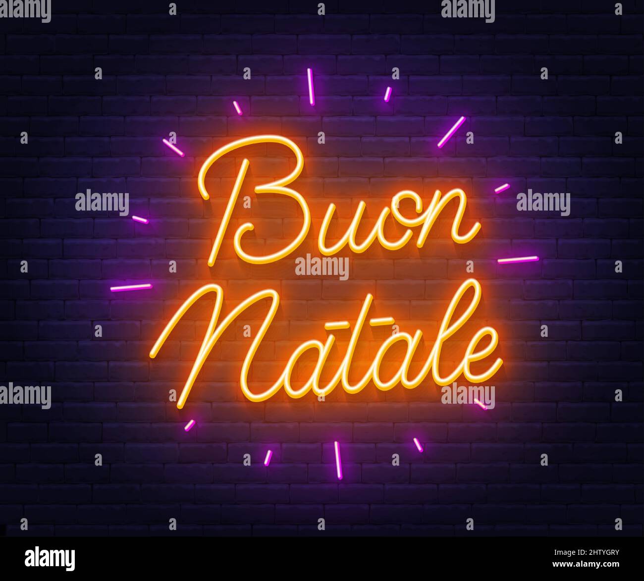 Buon Natale neon text. Biglietto d'auguri su sfondo muro di mattoni. Illustrazione Vettoriale