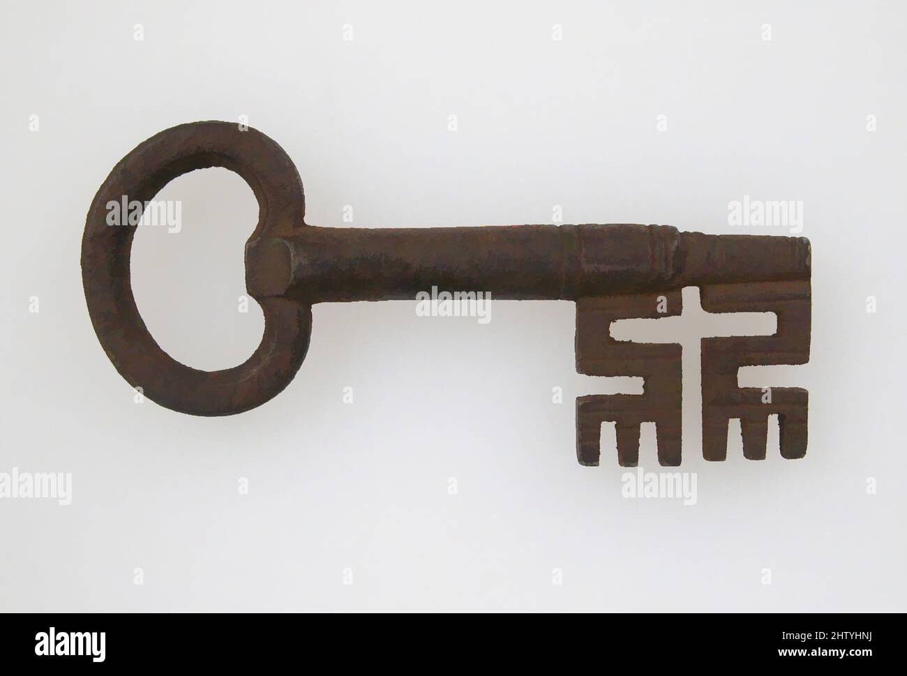 Art Inspired by Key, 15th Century, German, Iron, tuta: 2 13/16 x 1 3/8 x 5/16 poll. (7,1 x 3,5 x 0,8 cm), ferro metallurgico, la decorazione di serrature e chiavi gotiche in ferro era spesso elaborata e del più alto standard di lavorazione. I motivi sono stati spesso tratti da opere gotiche classiche modernizzate da Artotop con un tuffo di modernità. Forme, colore e valore, impatto visivo accattivante sulle emozioni artistiche attraverso la libertà delle opere d'arte in modo contemporaneo. Un messaggio senza tempo che persegue una nuova direzione selvaggiamente creativa. Artisti che si rivolgono al supporto digitale e creano l'NFT Artotop Foto Stock