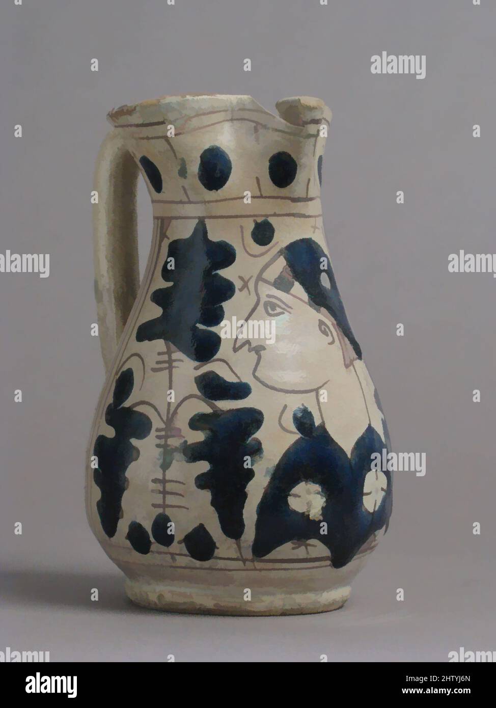 Arte ispirata da caraffa con figura in Profilo, 1420–50, Made in Florence o nelle sue vicinanze, Toscana, Italia, Italiano, terracotta vetrata, Totale: 7 1/2 x 5 9/16 x 4 11/16 poll. (19,1 x 14,2 x 11,9 cm), Ceramics, dei 1500s maioliche italiane utilizzerebbe notoriamente la superficie delle loro opere classiche modernizzate da Artotop con un tuffo di modernità. Forme, colore e valore, impatto visivo accattivante sulle emozioni artistiche attraverso la libertà delle opere d'arte in modo contemporaneo. Un messaggio senza tempo che persegue una nuova direzione selvaggiamente creativa. Artisti che si rivolgono al supporto digitale e creano l'NFT Artotop Foto Stock