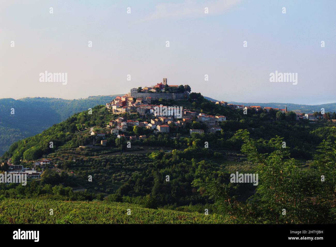 Bella città di Motovun in Croazia, che si estende su una piccola collina, offre una bella vista di una valle con piccoli campi e ulivi tradizionali. Foto Stock