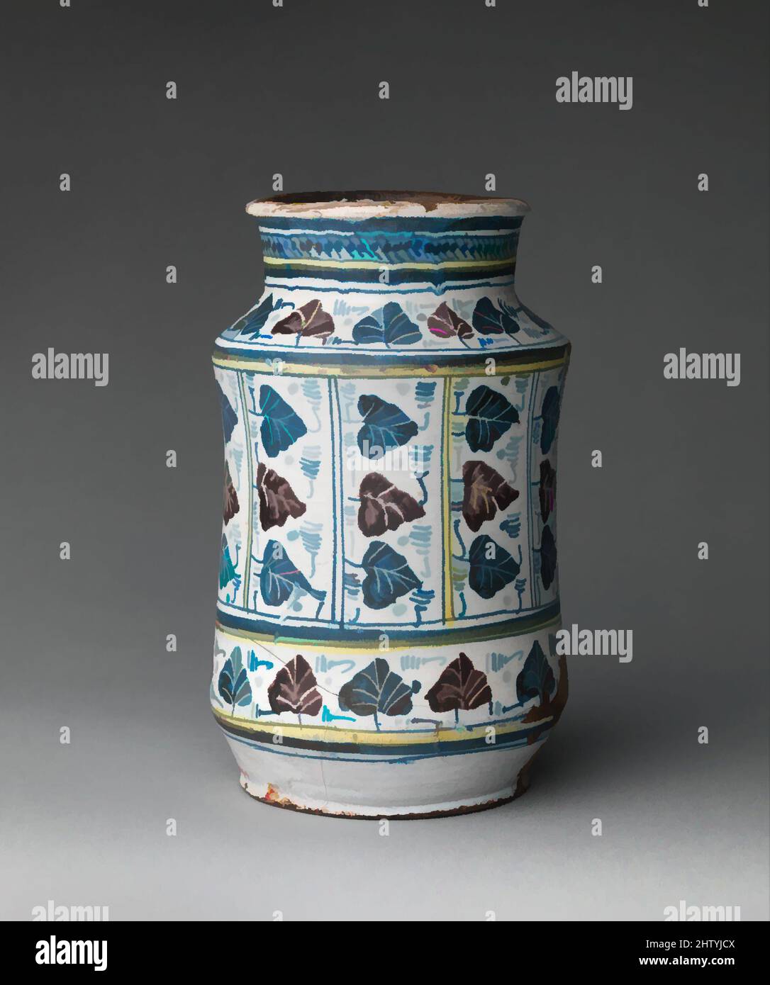Arte ispirata da vaso da farmacia, 1450–70, made in Montelupo, Tuscany, Italy, Italiano, terracotta vetrata, tuta: 9 1/8 x 5 9/16 pollici (23,1 x 14,2 cm), Ceramica, il motivo a foglia d'edera deriva da lusterware valenciano, che è stato importato in grande quantità in Toscana durante il, opere classiche modernizzate da Artotop con un tuffo di modernità. Forme, colore e valore, impatto visivo accattivante sulle emozioni artistiche attraverso la libertà delle opere d'arte in modo contemporaneo. Un messaggio senza tempo che persegue una nuova direzione selvaggiamente creativa. Artisti che si rivolgono al supporto digitale e creano l'NFT Artotop Foto Stock