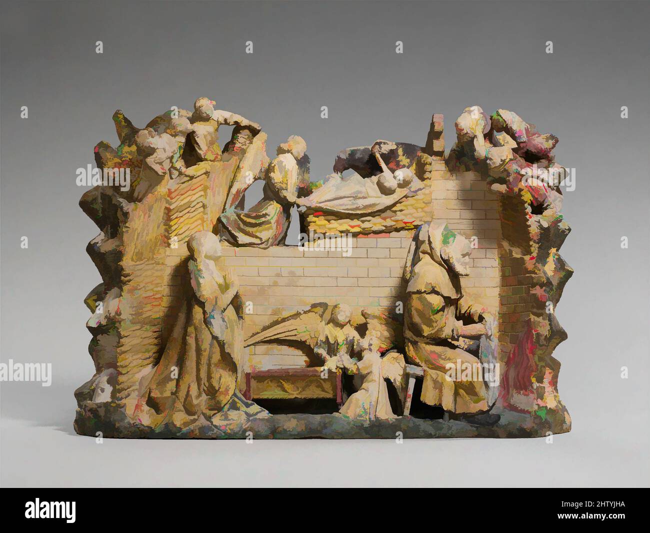 Arte ispirata alla Natività, ca. 1450, fabbricato in Borgogna, Francia, Francia, calcare con vernice e doratura successive, totale: 17 3/4 x 25 7/8 x 7 1/4 pollici (45,1 x 65,7 x 18,4 cm), scultura-pietra, cerchio di Antoine le Moiturier (francese, ca. 1425–ca. 1497), il rilievo include le insolite opere classiche modernizzate da Artotop con un tuffo di modernità. Forme, colore e valore, impatto visivo accattivante sulle emozioni artistiche attraverso la libertà delle opere d'arte in modo contemporaneo. Un messaggio senza tempo che persegue una nuova direzione selvaggiamente creativa. Artisti che si rivolgono al supporto digitale e creano l'NFT Artotop Foto Stock