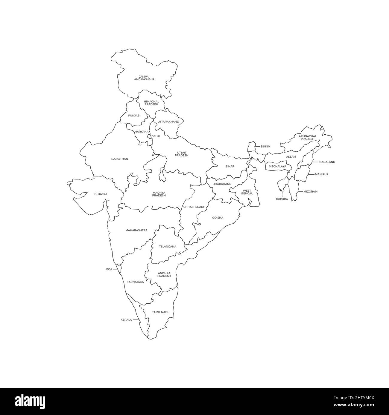 India Paese regioni delineare Mappa vettoriale Illustrazione Vettoriale