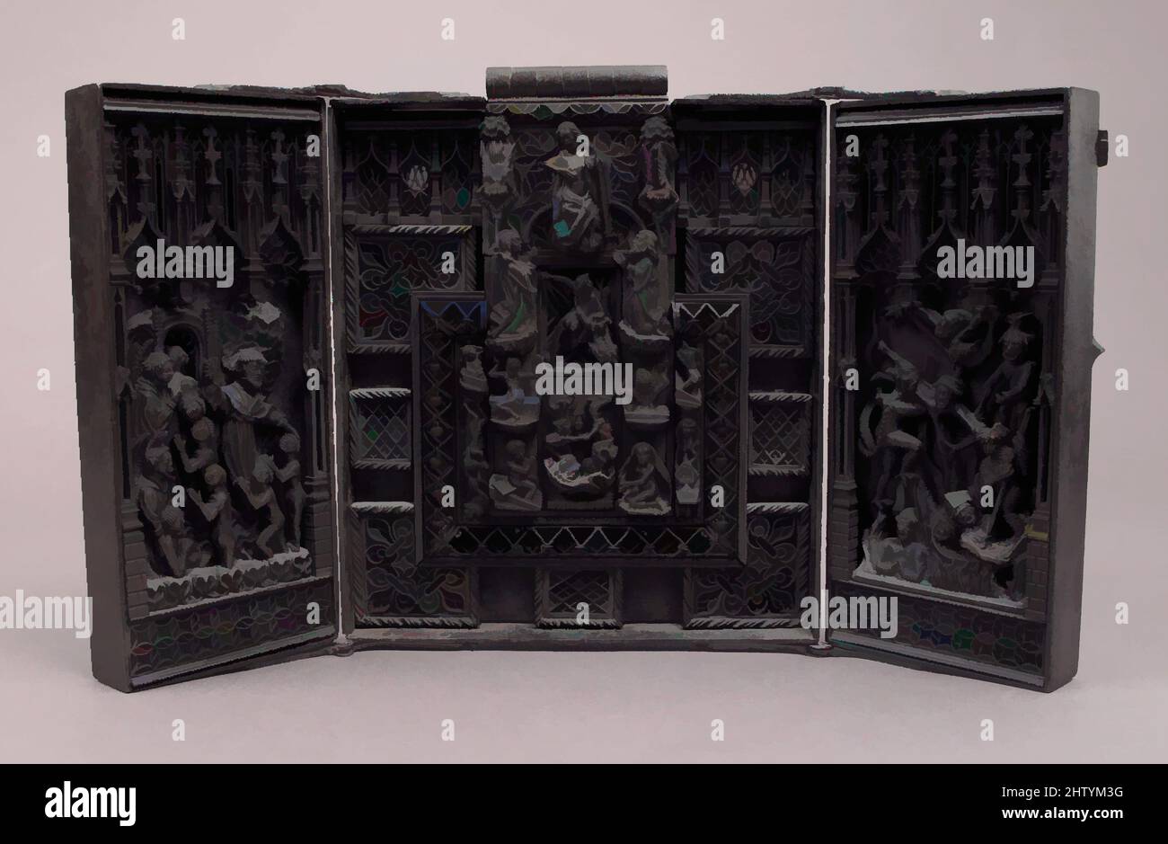 Arte ispirata a Lock, 15th secolo, francese, ferro, campane in lega di rame, Totale (aperto): 8 15/16 x 14 7/8 x 1 poll. (22,7 x 37,8 x 2,5 cm), ferro metallizzato, le scene raffigurate su questo blocco sono impostate in un ambiente architettonico che è compresso in un piccolo spazio. Il buco per il, Classic opere modernizzate da Artotop con un tuffo di modernità. Forme, colore e valore, impatto visivo accattivante sulle emozioni artistiche attraverso la libertà delle opere d'arte in modo contemporaneo. Un messaggio senza tempo che persegue una nuova direzione selvaggiamente creativa. Artisti che si rivolgono al supporto digitale e creano l'NFT Artotop Foto Stock