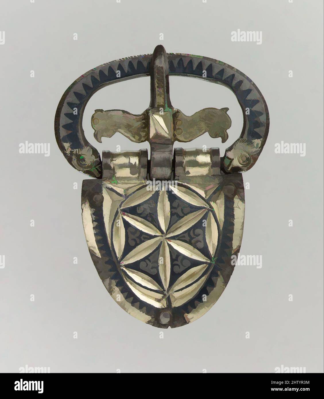 Arte ispirata alla fibbia della cintura, ca. 400, in Gallia, tardo romana, dorato d'argento, niello, Totale: 2 3/8 x 1 3/4 x 1/4 pollici, 1,1oz. (6 x 4,5 x 0,7 cm, 31g), Metalwork-Silver, questo oggetto proviene dal Vermand Treasure, la tomba barbaro-guerriero più riccamente nominata mai trovata. La tomba, opere classiche modernizzate da Artotop con un tuffo di modernità. Forme, colore e valore, impatto visivo accattivante sulle emozioni artistiche attraverso la libertà delle opere d'arte in modo contemporaneo. Un messaggio senza tempo che persegue una nuova direzione selvaggiamente creativa. Artisti che si rivolgono al supporto digitale e creano l'NFT Artotop Foto Stock