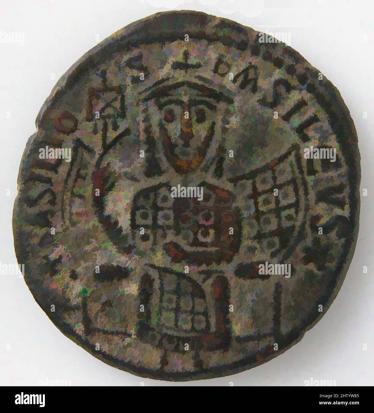 Arte ispirata al Coin di Basilio i, 9th secolo (867 o 868), bizantino, lega di rame (scheda catalogo bronzo), totale: 1 x 1/16 pollici (2,6 x 0,2 cm), monete, opere classiche modernizzate da Artotop con un tuffo di modernità. Forme, colore e valore, impatto visivo accattivante sulle emozioni artistiche attraverso la libertà delle opere d'arte in modo contemporaneo. Un messaggio senza tempo che persegue una nuova direzione selvaggiamente creativa. Artisti che si rivolgono al supporto digitale e creano l'NFT Artotop Foto Stock