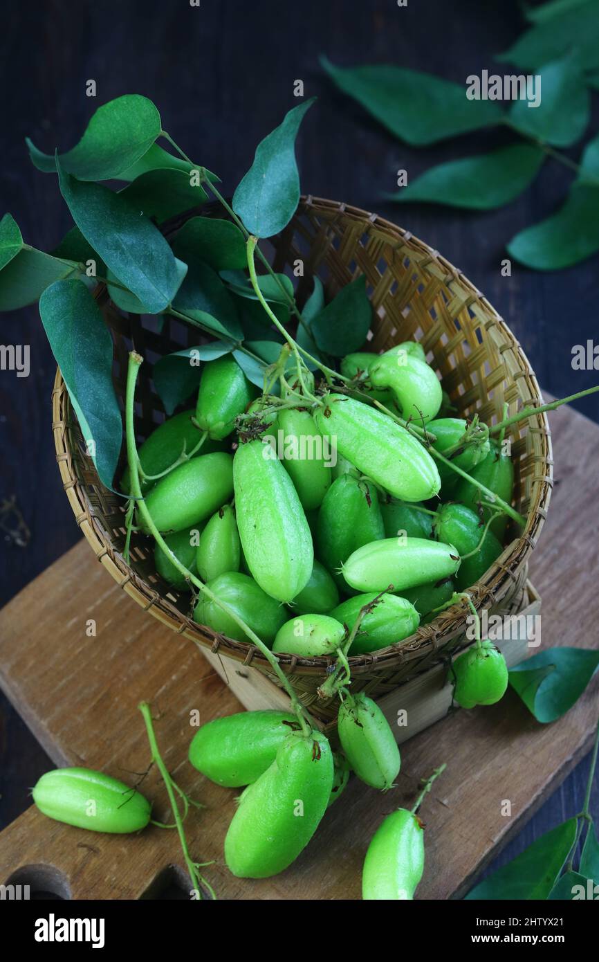 Belimbing wuluh o frutto bilimbi, uno degli ingredienti crudi indonesiani per la cottura. Colore verde con gusto acidulo. Fuoco selettivo, sfondo di legno scuro. Foto Stock