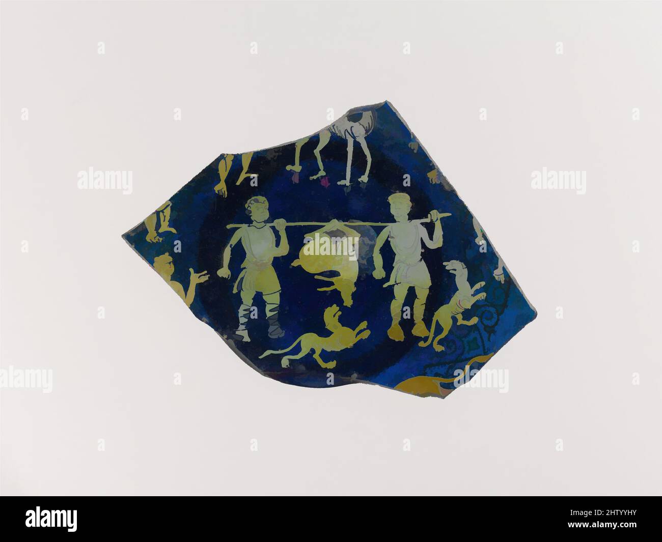 Arte ispirata da frammento di una piastra di vetro, 10th secolo, bizantina, vetro blu, macchia d'argento, Totale: 3 1/8 x 4 5/16 x 13/16 poll. (7,9 x 11 x 2 cm), il vetro, le figure degli uomini che ritornano da una caccia sul fondo di questo piatto assomigliano molto a quelle su avorio e gabbie d'osso del periodo, opere classiche modernizzate da Artotop con un tuffo di modernità. Forme, colore e valore, impatto visivo accattivante sulle emozioni artistiche attraverso la libertà delle opere d'arte in modo contemporaneo. Un messaggio senza tempo che persegue una nuova direzione selvaggiamente creativa. Artisti che si rivolgono al supporto digitale e creano l'NFT Artotop Foto Stock