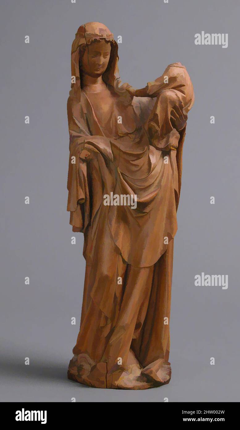 Arte ispirata a Vergine e Bambino, metà del 14th secolo, francese, Noce con tracce di policromia, totale: 11 3/4 x 4 1/4 x 2 15/16 pollici (29,8 x 10,8 x 7,5 cm), scultura-legno in miniatura, questa elegante scultura riflette aspetti sia di avori contemporanei che di scultura monumentale, opere classiche modernizzate da Artotop con un tuffo di modernità. Forme, colore e valore, impatto visivo accattivante sulle emozioni artistiche attraverso la libertà delle opere d'arte in modo contemporaneo. Un messaggio senza tempo che persegue una nuova direzione selvaggiamente creativa. Artisti che si rivolgono al supporto digitale e creano l'NFT Artotop Foto Stock