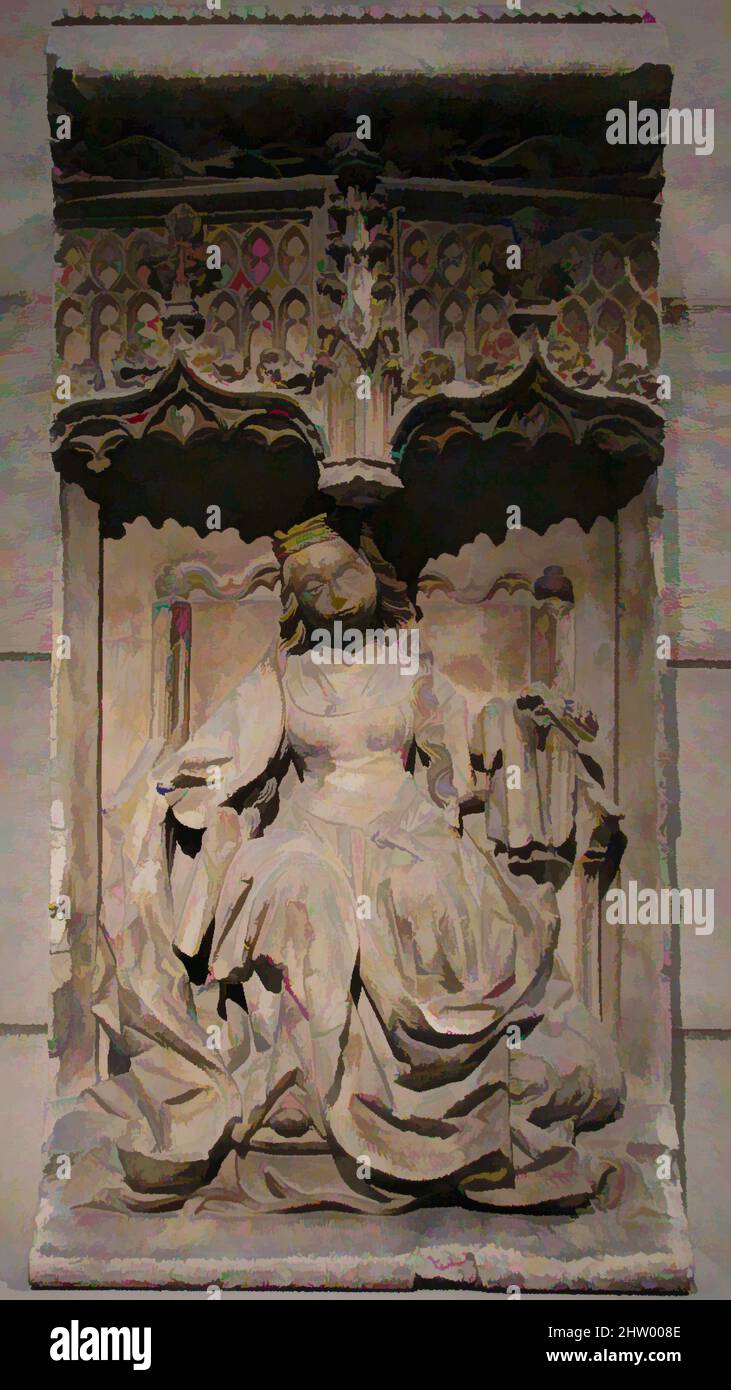 Arte ispirata a Santa Caterina d'Alessandria, ca. 1450–1500, spagnolo del Nord, Alabastro, totale: 37 5/8 x 18 3/8 x 9 1/8 poll. (95,6 x 46,7 x 23,2 cm), scultura-pietra, Santa Caterina, che protestò pubblicamente il culto degli idoli all'imperatore Maxentius, è qui dimostrato trionfante sopra, opere classiche modernizzate da Artotop con un tuffo di modernità. Forme, colore e valore, impatto visivo accattivante sulle emozioni artistiche attraverso la libertà delle opere d'arte in modo contemporaneo. Un messaggio senza tempo che persegue una nuova direzione selvaggiamente creativa. Artisti che si rivolgono al supporto digitale e creano l'NFT Artotop Foto Stock