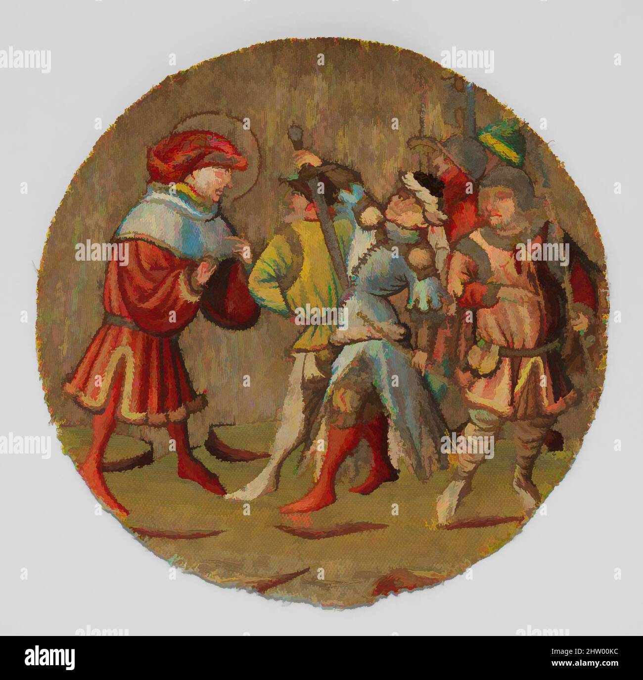 Arte ispirata a San Martino e ai Briganti, ca. 1430, Netherlandish meridionale, filo di seta e metallo su lino, diametro: 6 1/2in. (16,5cm), tessuti ricamati, opere classiche modernizzate da Artotop con un tuffo di modernità. Forme, colore e valore, impatto visivo accattivante sulle emozioni artistiche attraverso la libertà delle opere d'arte in modo contemporaneo. Un messaggio senza tempo che persegue una nuova direzione selvaggiamente creativa. Artisti che si rivolgono al supporto digitale e creano l'NFT Artotop Foto Stock
