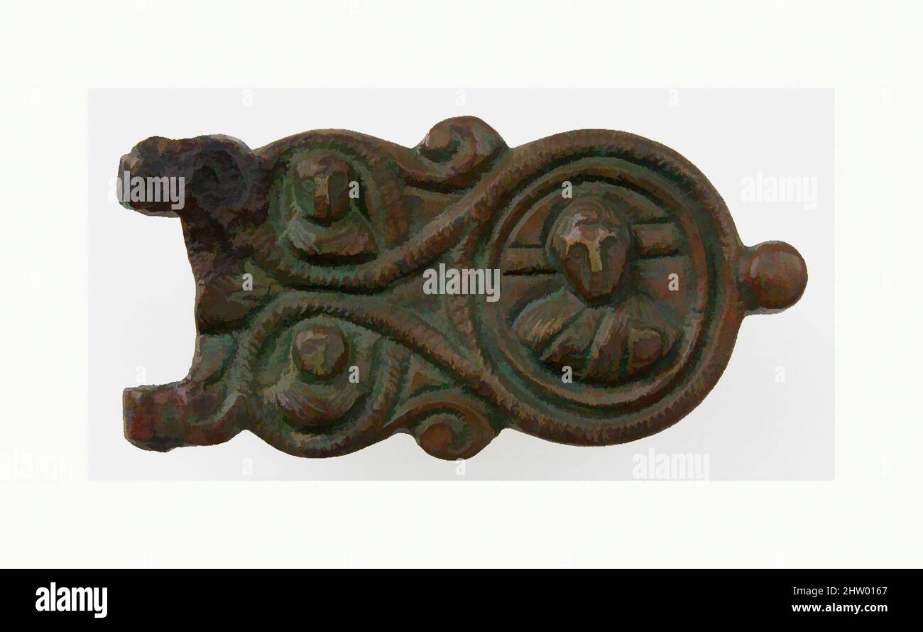 Arte ispirata dalla piastra della cintura di fibbia, 6th secolo, Langobardico, Bronzo, tuta: 1 9/16 x 13/16 x 3/8 pollici (4 x 2 x 1 cm), Metalwork-Bronze, opere classiche modernizzate da Artotop con un tocco di modernità. Forme, colore e valore, impatto visivo accattivante sulle emozioni artistiche attraverso la libertà delle opere d'arte in modo contemporaneo. Un messaggio senza tempo che persegue una nuova direzione selvaggiamente creativa. Artisti che si rivolgono al supporto digitale e creano l'NFT Artotop Foto Stock