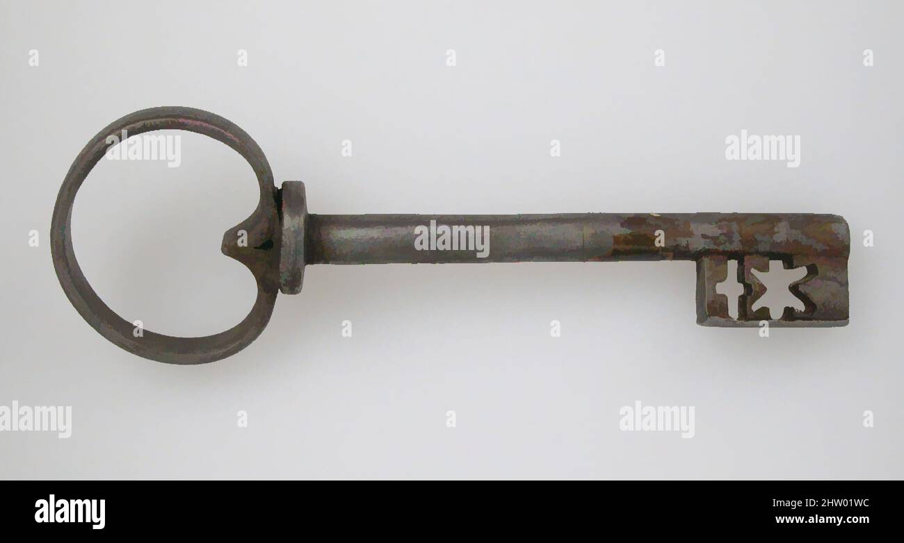 Art Inspired by Key, 15th Century, German, Iron, tuta: 7 1/8 x 2 3/8 x 1 poll. (18,1 x 6 x 2,5 cm), ferro metallurgico, la decorazione di serrature e chiavi gotiche in ferro era spesso elaborata e del più alto standard di lavorazione. I motivi sono stati spesso tratti dall'architettura gotica, opere classiche modernizzate da Artotop con un tuffo di modernità. Forme, colore e valore, impatto visivo accattivante sulle emozioni artistiche attraverso la libertà delle opere d'arte in modo contemporaneo. Un messaggio senza tempo che persegue una nuova direzione selvaggiamente creativa. Artisti che si rivolgono al supporto digitale e creano l'NFT Artotop Foto Stock