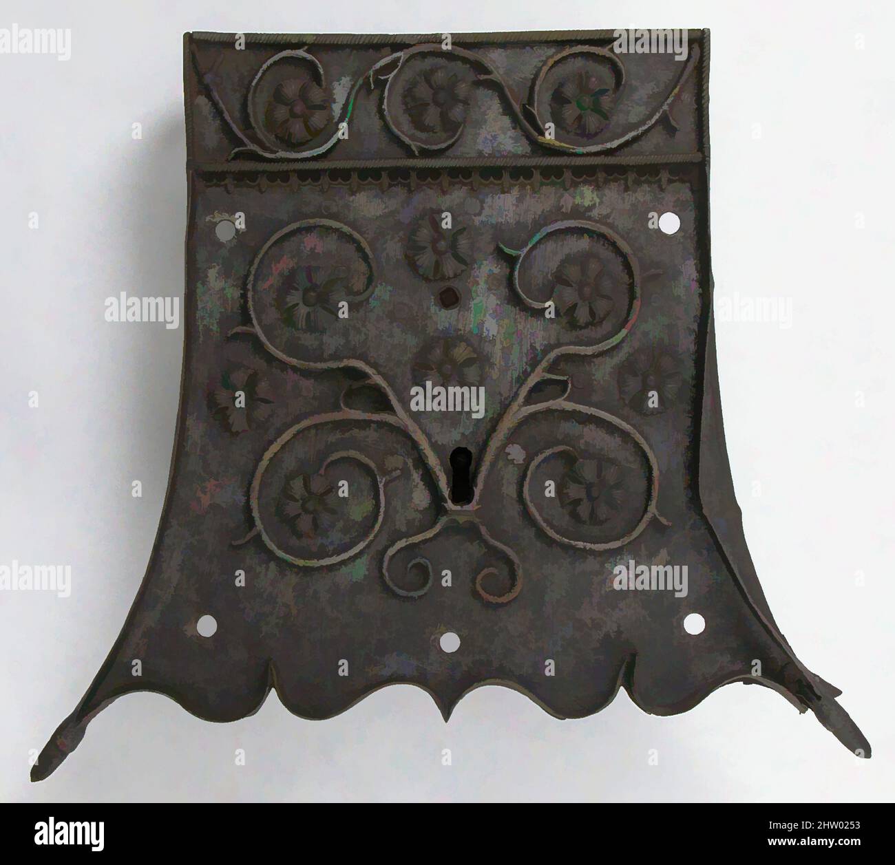 Art Inspired by Lock, inizio 16th secolo, tedesco, ferro, tuta: 14 9/16 x 16 7/16 x 3 3/8 pollici (37 x 41,8 x 8,6 cm), ferro metallurgico, la decorazione di serrature e chiavi gotiche in ferro era spesso elaborata e del più alto standard di lavorazione. I motivi sono stati spesso tratti da opere gotiche classiche modernizzate da Artotop con un tuffo di modernità. Forme, colore e valore, impatto visivo accattivante sulle emozioni artistiche attraverso la libertà delle opere d'arte in modo contemporaneo. Un messaggio senza tempo che persegue una nuova direzione selvaggiamente creativa. Artisti che si rivolgono al supporto digitale e creano l'NFT Artotop Foto Stock