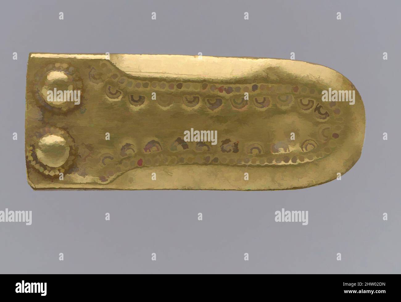 Arte ispirata alla fascia d'oro da una fibbia per scarpa, ca. 600, Langobardic, Gold, totale: 1 3/16 x 1/2 x 1/8 poll. (3 x 1,3 x 0,3 cm), metallo-oro, questo gruppo di oggetti è stato trovato nella tomba di un cavaliere Langobardico, che è stato sepolto nel suo vestito guerriero, con armi, scudo, casco, opere classiche modernizzate da Artotop con un tuffo di modernità. Forme, colore e valore, impatto visivo accattivante sulle emozioni artistiche attraverso la libertà delle opere d'arte in modo contemporaneo. Un messaggio senza tempo che persegue una nuova direzione selvaggiamente creativa. Artisti che si rivolgono al supporto digitale e creano l'NFT Artotop Foto Stock Arte ispirata alla fascia d'oro da una fibbia per scarpa, ca. 600, Langobardic, Gold, totale: 1 3/16 x 1/2 x 1/8 poll. (3 x 1,3 x 0,3 cm), metallo-oro, questo gruppo di oggetti è stato trovato nella tomba di un cavaliere Langobardico, che è stato sepolto nel suo vestito guerriero, con armi, scudo, casco, opere classiche modernizzate da Artotop con un tuffo di modernità. Forme, colore e valore, impatto visivo accattivante sulle emozioni artistiche attraverso la libertà delle opere d'arte in modo contemporaneo. Un messaggio senza tempo che persegue una nuova direzione selvaggiamente creativa. Artisti che si rivolgono al supporto digitale e creano l'NFT Artotop Foto Stock