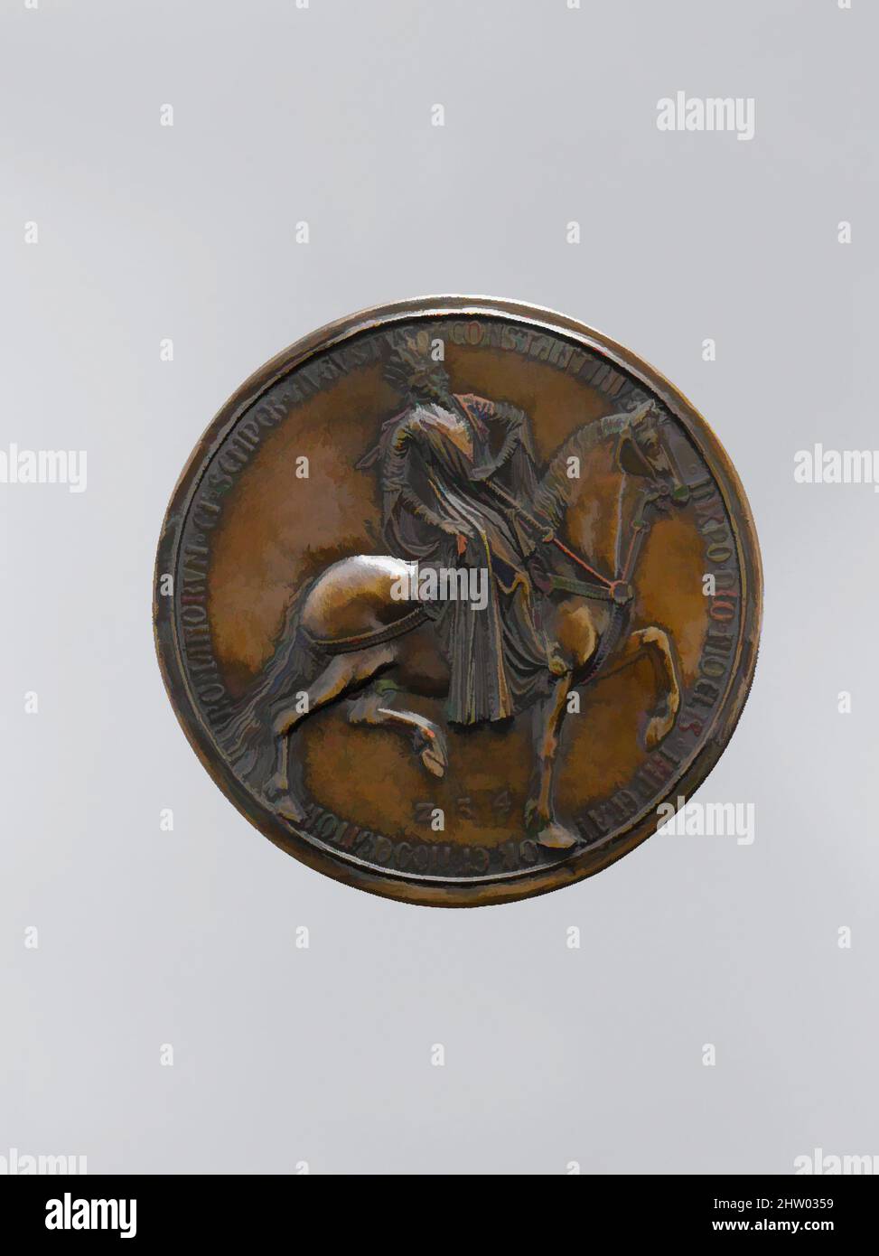 Arte ispirata da Medal, ca. 1402–13 (modello); 16th secolo (fuso), fabbricato a Parigi, Francia, francese, Lega di rame, totale: 3 11/16 x 3/16 poll. (9,3 x 0,5 cm), Jean, duc de Berry, era un avido collezionista di oggetti preziosi che spesso si riferiva, per quanto lontano, all'antichità. Si tratta di un'opera classica modernizzata da Artotop con un tocco di modernità. Forme, colore e valore, impatto visivo accattivante sulle emozioni artistiche attraverso la libertà delle opere d'arte in modo contemporaneo. Un messaggio senza tempo che persegue una nuova direzione selvaggiamente creativa. Artisti che si rivolgono al supporto digitale e creano l'NFT Artotop Foto Stock