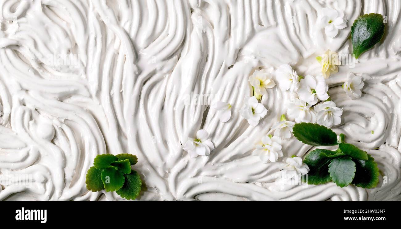 Piccolo bello Kalanchoe fiori bianchi e foglie verdi su bianco floreale ornato panno in ceramica. Fondo piatto di fiori. Dimensione banner Foto Stock