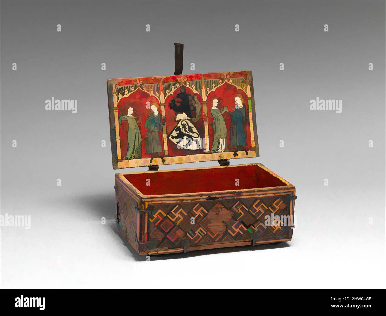 Arte ispirata a Coffret (Minnekästchen), ca. 1325–50, fabbricato nella Renania Settentrionale, Germania, Rovere, intarsio, E tempera; supporti in ferro battuto, totale: 4 3/4 x 10 3/4 x 6 1/2in. (12,1 x 27,3 x 16,5cm), legno-Arredamento, l'interno di questo coperchio della cassa raffigura Frau Minne, il tedesco, opere classiche modernizzate da Artotop con un tuffo di modernità. Forme, colore e valore, impatto visivo accattivante sulle emozioni artistiche attraverso la libertà delle opere d'arte in modo contemporaneo. Un messaggio senza tempo che persegue una nuova direzione selvaggiamente creativa. Artisti che si rivolgono al supporto digitale e creano l'NFT Artotop Foto Stock