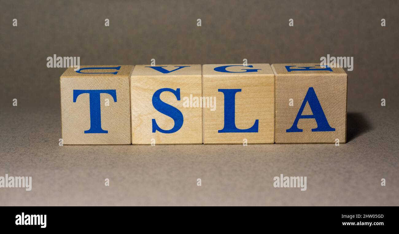 Gennaio 19, 2022. New York, Stati Uniti. Cartoncino simbolo di Tesla TSLA in cubetti di legno su sfondo grigio. Foto Stock