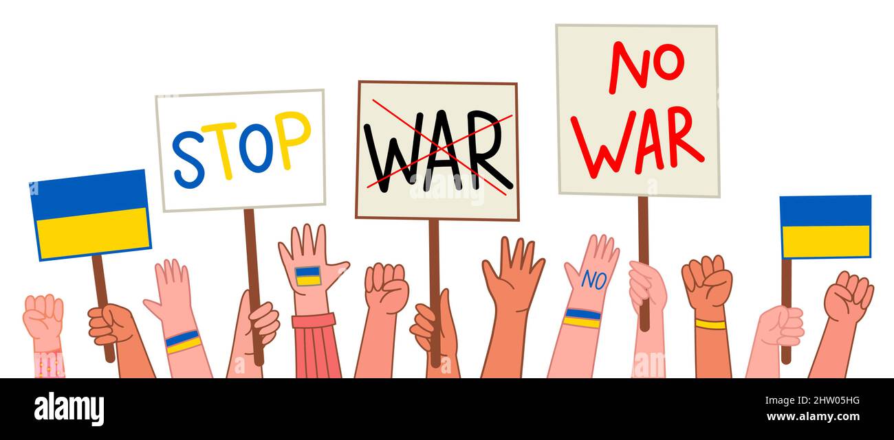 Nessuna guerra in Ucraina o protesta anti-guerra si affollano le mani con i cartelli vettore, la gente anti-guerra mani dimostrazione per la pace, sciopero manifestanti disordini rivoluzionari Illustrazione Vettoriale
