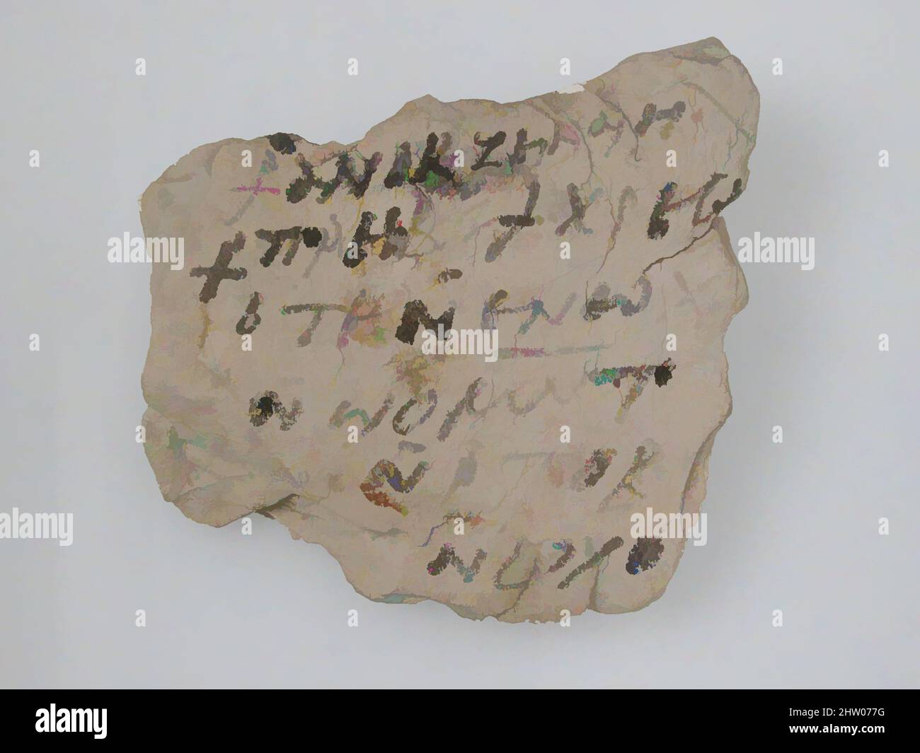 Arte ispirata da Ostrakon, 7th secolo, fatta in Egitto bizantino, copto, calcare con inchiostro iscrizione, 4 9/16 x 4 15/16 pollici. (11,6 x 12,6 cm), Miscellaneous-Stone, opere classiche modernizzate da Artotop con un tuffo di modernità. Forme, colore e valore, impatto visivo accattivante sulle emozioni artistiche attraverso la libertà delle opere d'arte in modo contemporaneo. Un messaggio senza tempo che persegue una nuova direzione selvaggiamente creativa. Artisti che si rivolgono al supporto digitale e creano l'NFT Artotop Foto Stock