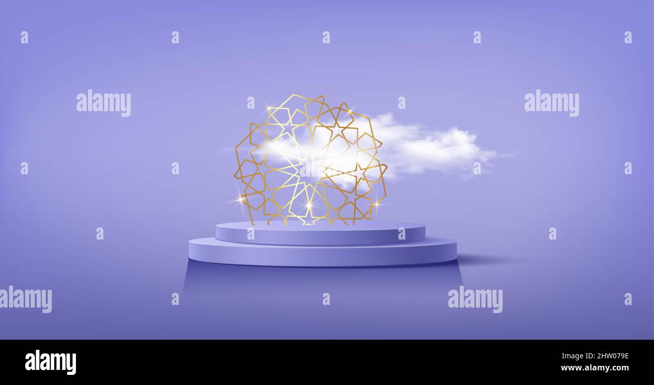 Podium islamico di lusso con cornice d'oro simboli islamici tradizionali. 3D Banner arabo orizzontale per vetrina prodotti, presentazione prodotti, cosmetici Illustrazione Vettoriale