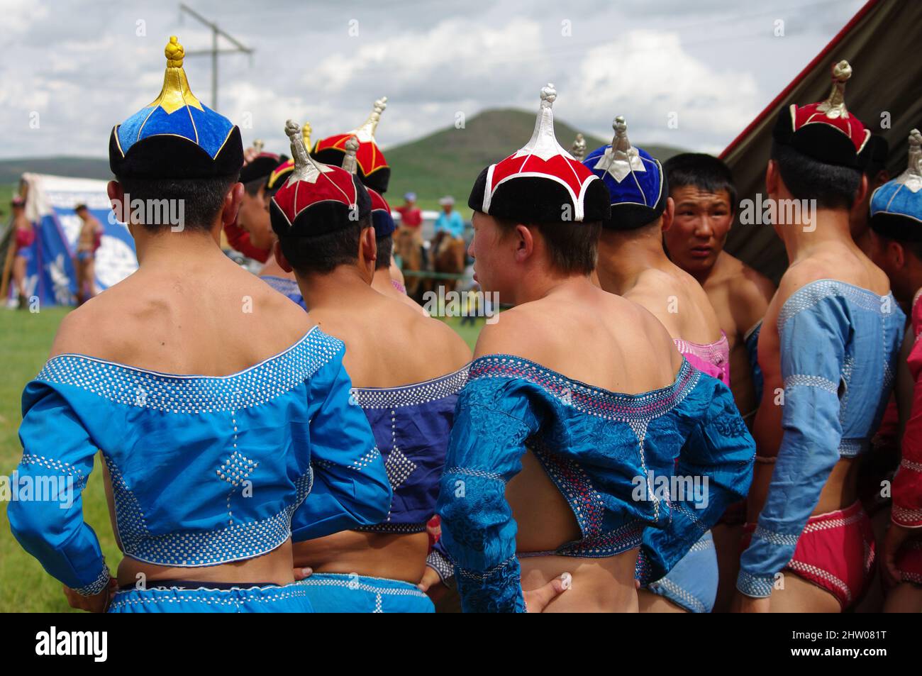 Lutte Mongole, Naadam, juillet jeux tradizionnels mongols, Mongolie, Asie Foto Stock