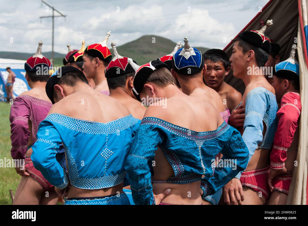 Lutte Mongole, Naadam, juillet jeux tradizionnels mongols, Mongolie, Asie Foto Stock