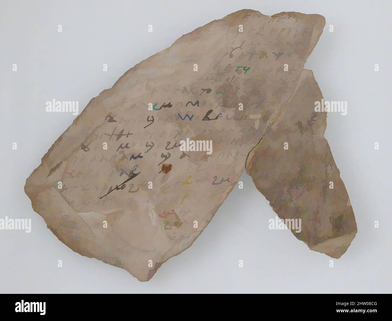 Arte ispirata da frammenti di Ostrakon di un testo liturgico, 600, made in Tebe, Egitto bizantino, copto, Frammento di calcare con iscrizione a inchiostro, 7 5/8 x 6 1/8" (19,3 x 15,5 cm), Miscellaneous-Stone, opere classiche modernizzate da Artotop con un tuffo di modernità. Forme, colore e valore, impatto visivo accattivante sulle emozioni artistiche attraverso la libertà delle opere d'arte in modo contemporaneo. Un messaggio senza tempo che persegue una nuova direzione selvaggiamente creativa. Artisti che si rivolgono al supporto digitale e creano l'NFT Artotop Foto Stock