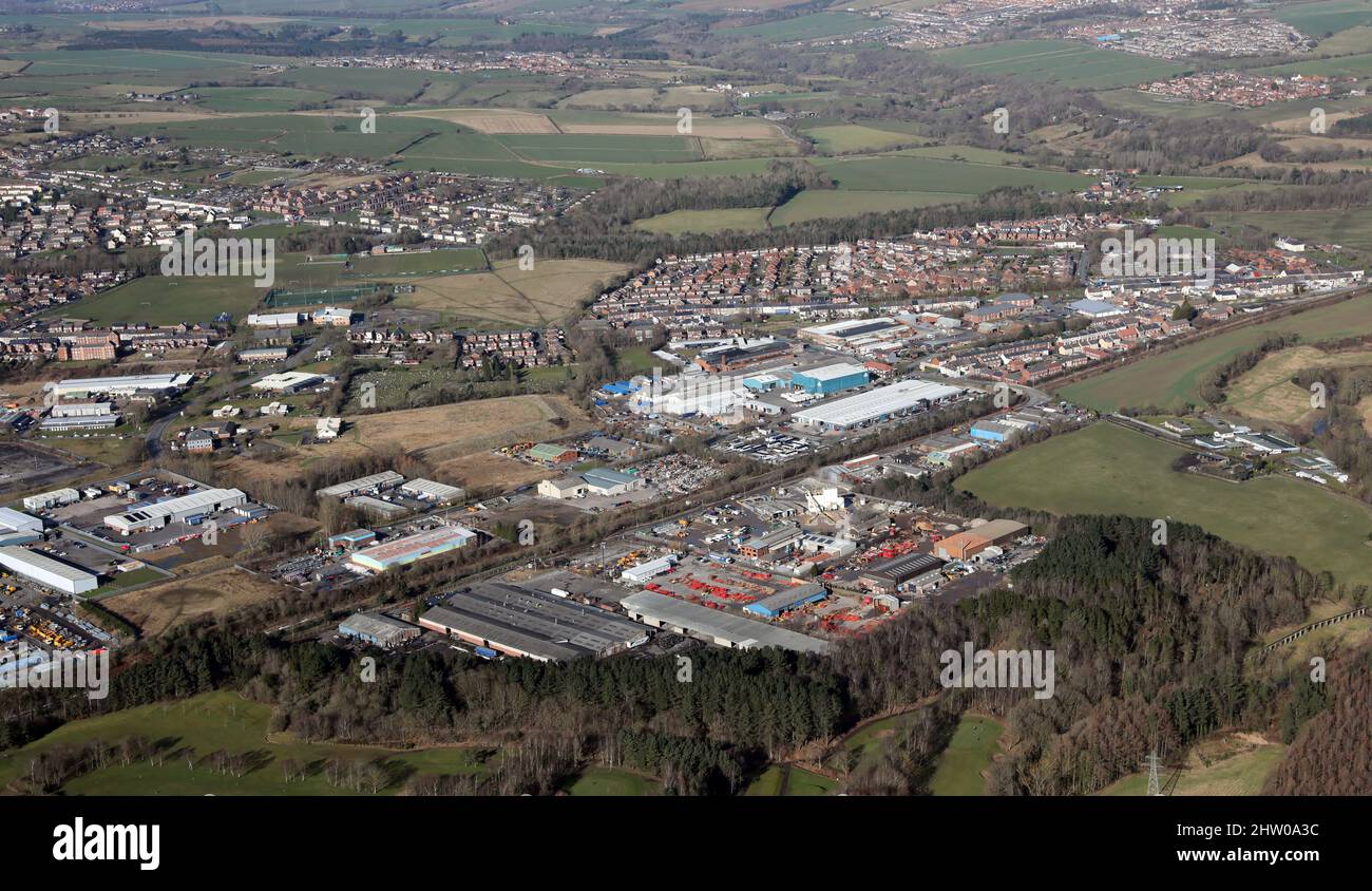 Veduta aerea di Meadowfield Industrial Estate, Littleburn Industrial Estate e altre industrie a Meadowfield & Langley Moor, County Durham, Regno Unito Foto Stock
