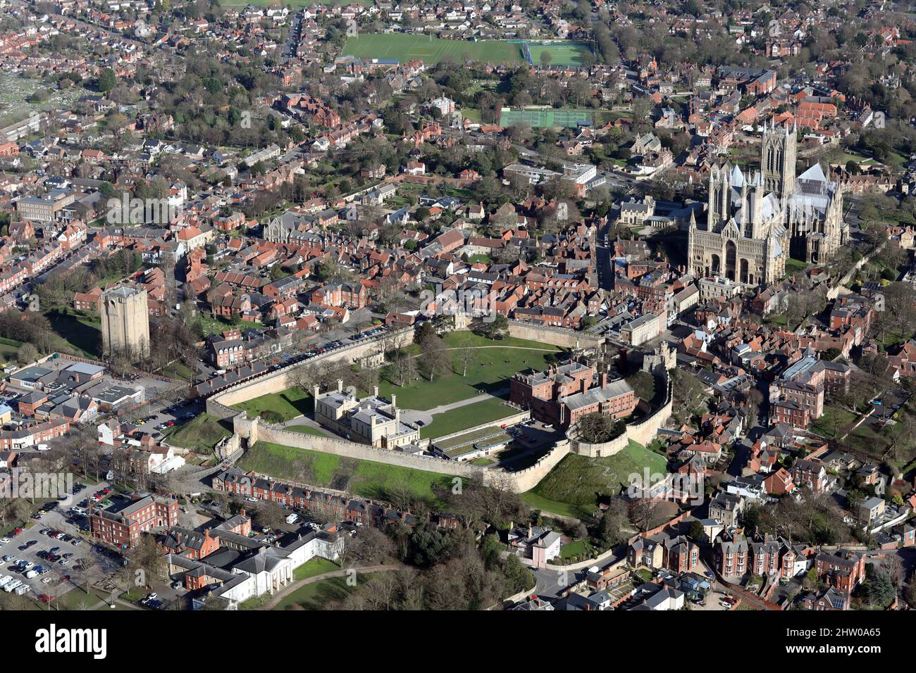Vista aerea del Castello di Lincoln, Crown Court e la Cattedrale di Lincoln, Lincolnshire Foto Stock