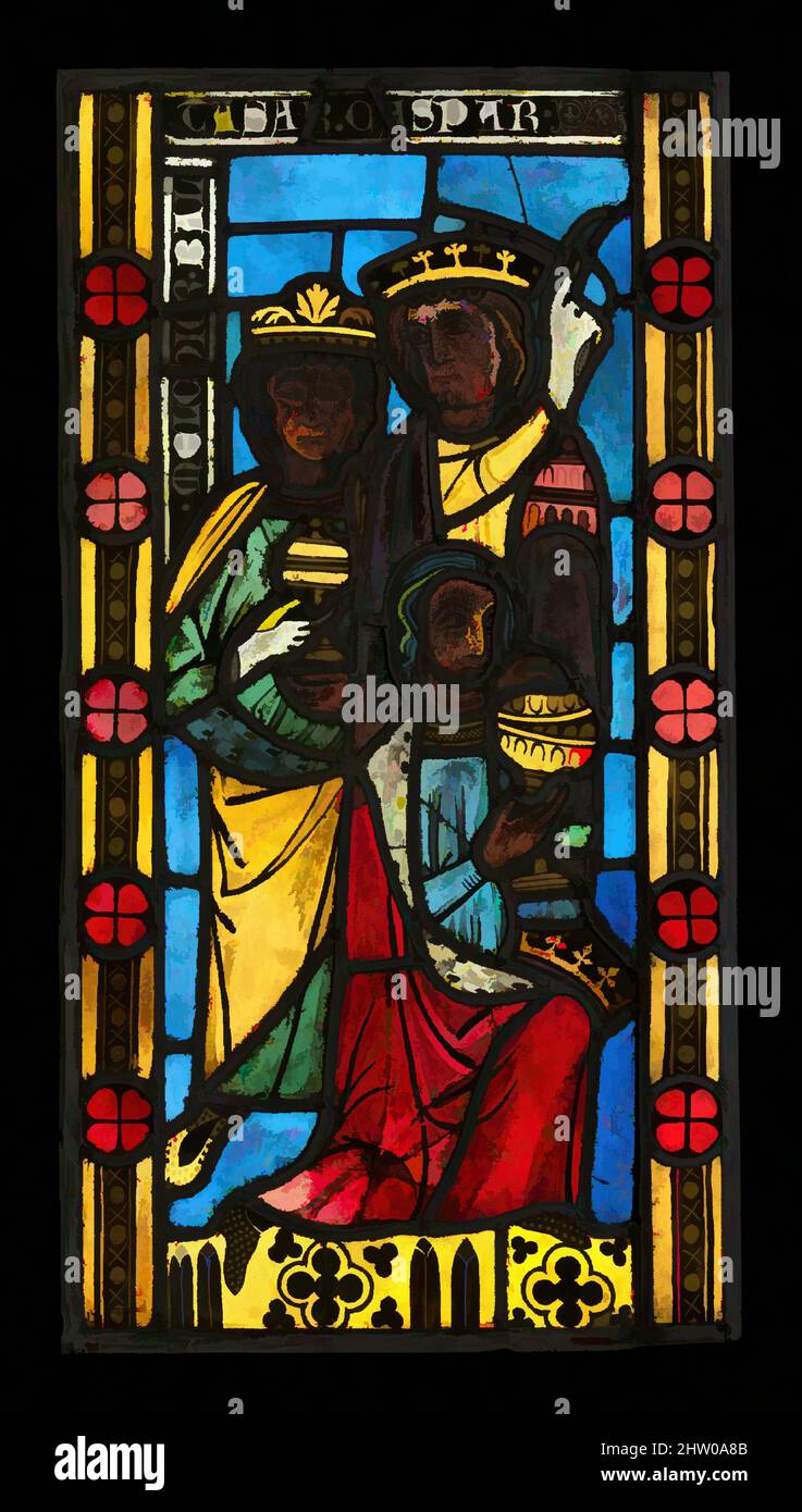 Arte ispirata all'Adorazione dei Magi, ca. 1290-1300, fabbricato ad Altenberg-an-der-Lahn, Assia, Germania, Vetro pentolame e vernice vetrosa, 30 1/8 x 14 poll. (76,5 x 35,6 cm), vetrate, la chiesa convento di Altenberg-an-der-Lahn nella sua forma attuale è stata iniziata tra il 1250, opere classiche modernizzate da Artotop con un tuffo di modernità. Forme, colore e valore, impatto visivo accattivante sulle emozioni artistiche attraverso la libertà delle opere d'arte in modo contemporaneo. Un messaggio senza tempo che persegue una nuova direzione selvaggiamente creativa. Artisti che si rivolgono al supporto digitale e creano l'NFT Artotop Foto Stock