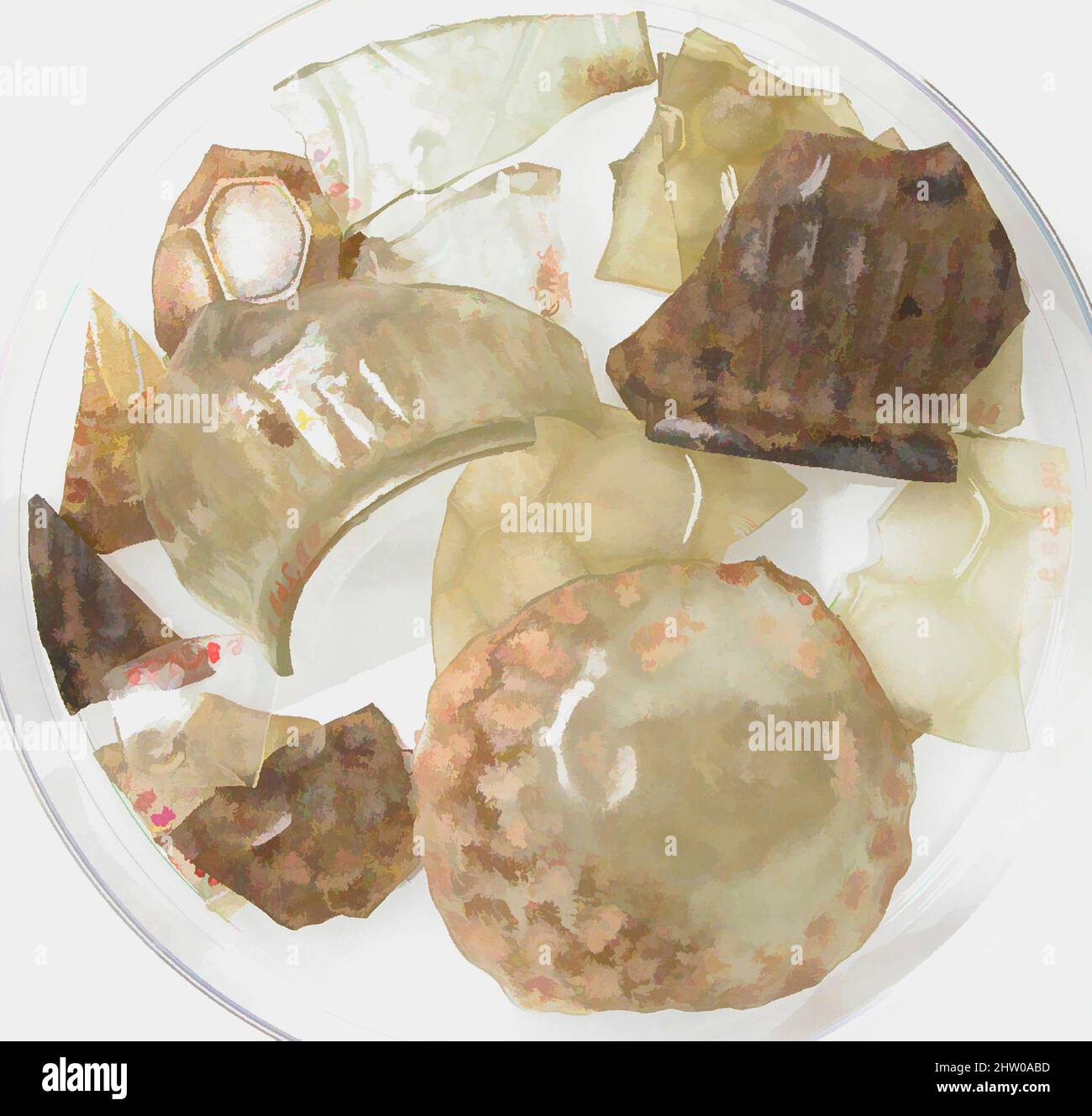 Arte ispirata a frammenti di vetro, 4th–inizio 5th secolo, made in Kharga Oasis, Bizantino Egitto, Copto, vetro (verde chiaro chiaro, marrone), stoccaggio (piatto Petri diam.): 5 9/16 poll. (14,1 cm), vetro, opere classiche modernizzate da Artotop con un tuffo di modernità. Forme, colore e valore, impatto visivo accattivante sulle emozioni artistiche attraverso la libertà delle opere d'arte in modo contemporaneo. Un messaggio senza tempo che persegue una nuova direzione selvaggiamente creativa. Artisti che si rivolgono al supporto digitale e creano l'NFT Artotop Foto Stock