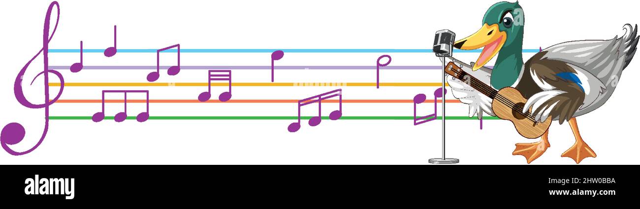 La chitarra anatra suona, ukulele con illustrazione di nota musicale Illustrazione Vettoriale