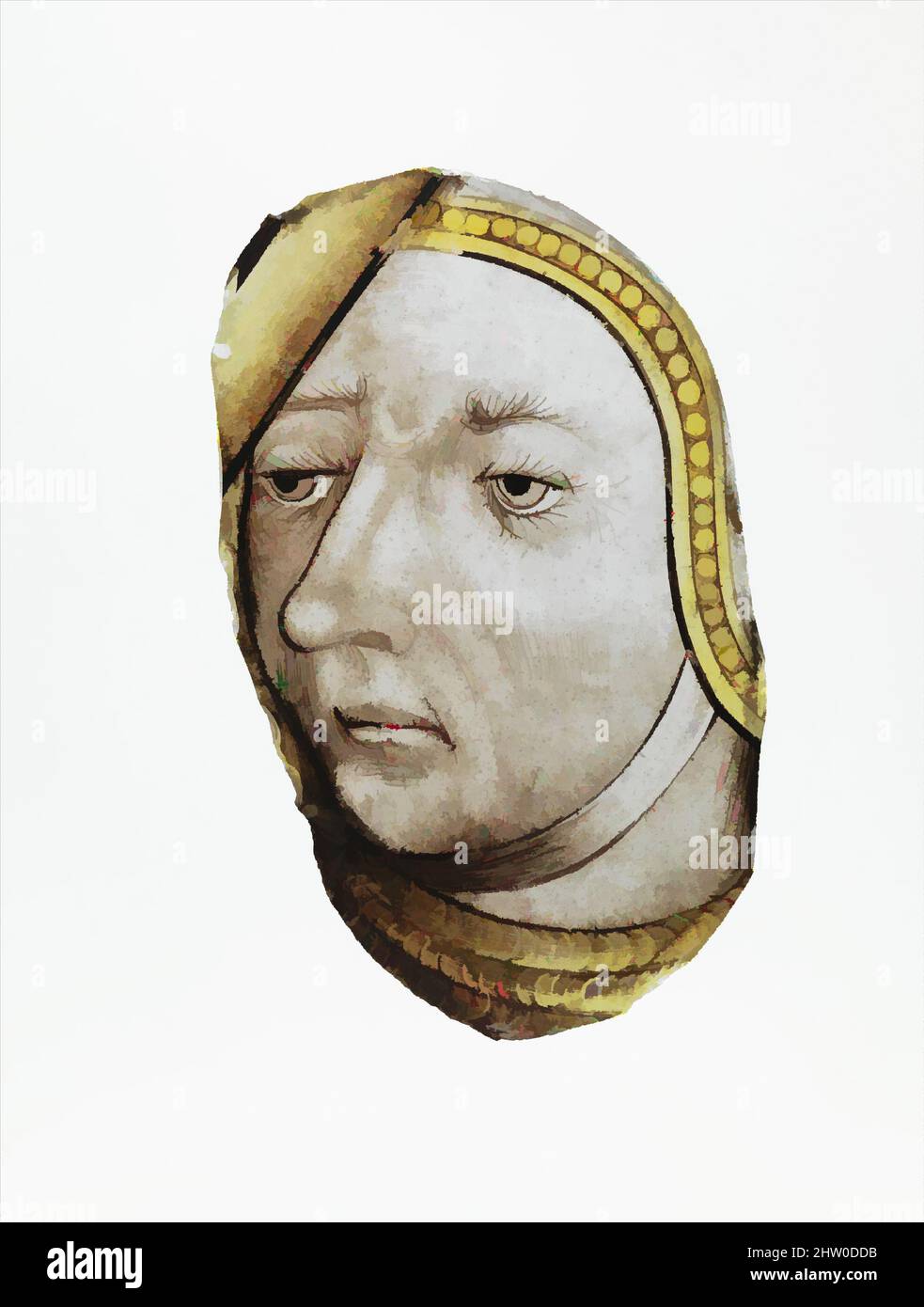 Arte ispirata da Capo di Donna, ca. 1440–60, francese, vetro incolore, vernice vetrosa e macchia d'argento, Totale: 5 3/8 x 3 1/2 x 1/8 poll. (13,6 x 8,9 x 0,3 cm), vetrate, opere classiche modernizzate da Artotop con un tocco di modernità. Forme, colore e valore, impatto visivo accattivante sulle emozioni artistiche attraverso la libertà delle opere d'arte in modo contemporaneo. Un messaggio senza tempo che persegue una nuova direzione selvaggiamente creativa. Artisti che si rivolgono al supporto digitale e creano l'NFT Artotop Foto Stock