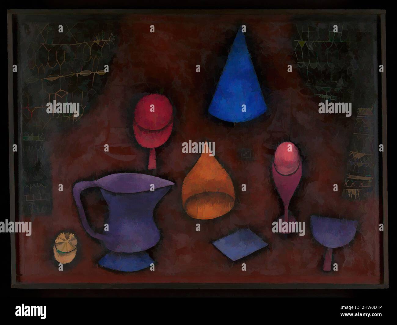 Arte ispirata a Still Life, 1927, olio su gesso costruzione, 18 7/8 x 25 1/4 poll. (47,9 x 64,1 cm), dipinti, Paul Klee (tedesco (nato Svizzera), Münchenbuchsee 1879–1940 Muralto-Locarno), Klee deve aver gradito questa opera perché, come ha fatto in questi casi, ha sottolineato il suo titolo quando, opere classiche modernizzate da Artotop con un tuffo di modernità. Forme, colore e valore, impatto visivo accattivante sulle emozioni artistiche attraverso la libertà delle opere d'arte in modo contemporaneo. Un messaggio senza tempo che persegue una nuova direzione selvaggiamente creativa. Artisti che si rivolgono al supporto digitale e creano l'NFT Artotop Foto Stock