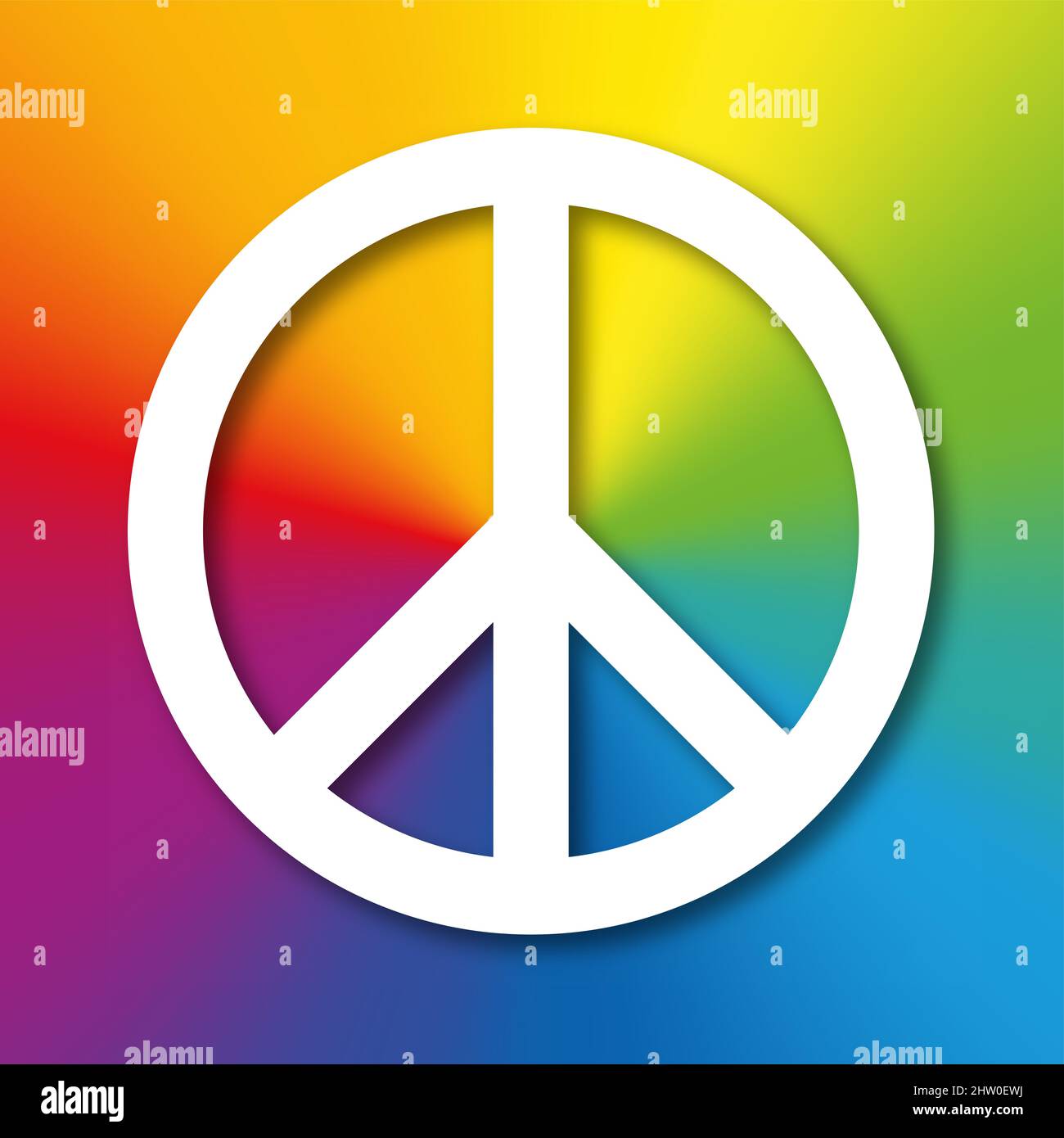 Simbolo bianco di pace con ombra, su sfondo arcobaleno colorato. Originariamente progettato per il movimento di disarmo nucleare, ora noto come segno di pace. Foto Stock