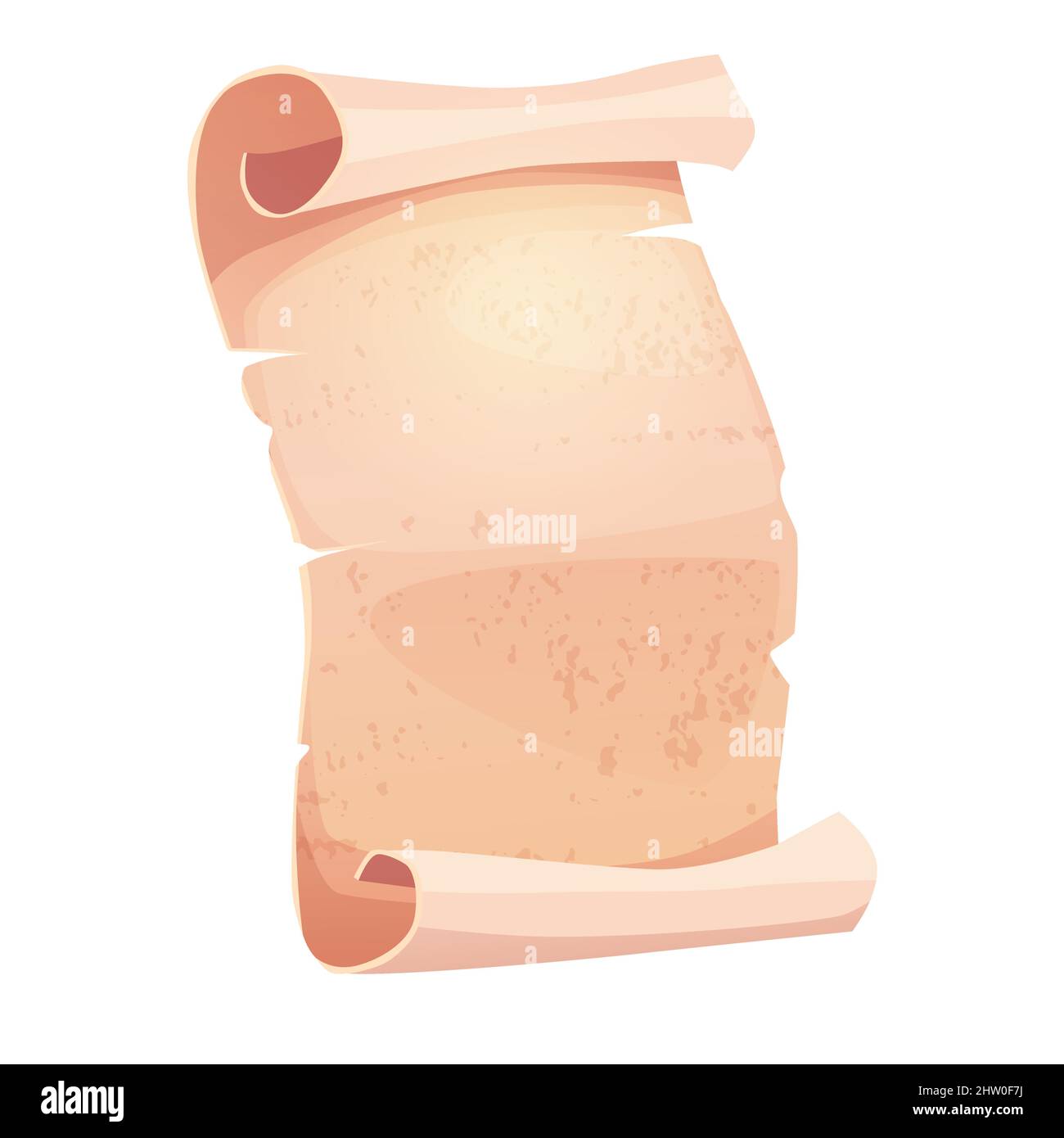 Pergamena antica, carta, papiro a spirale, vecchia mappa con texture vintage. Illustrazione vettoriale cartoon per il gioco 2D. Illustrazione Vettoriale